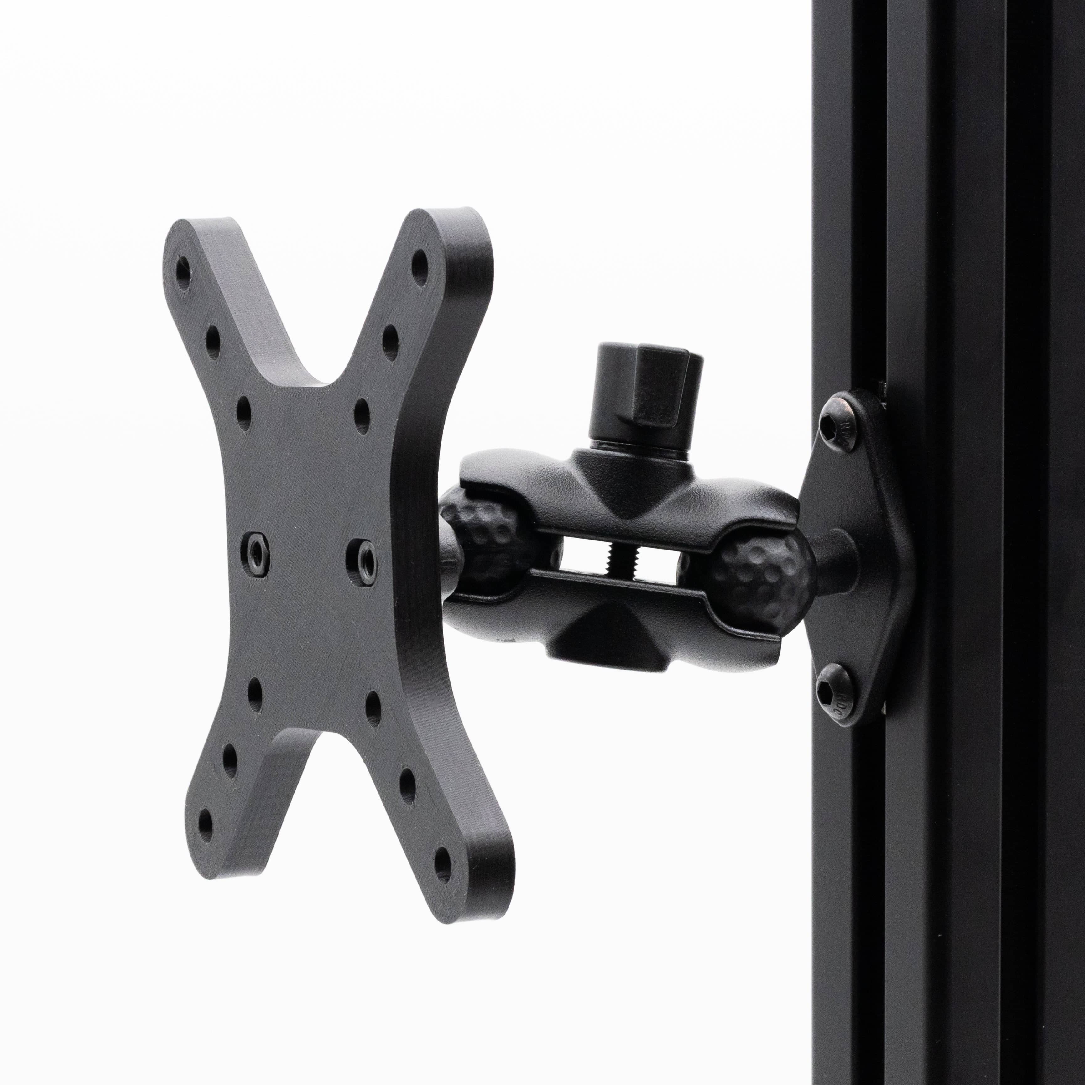 Heavy-duty VESA mount with adjustable arm for sim rigs, compatible with 50mm, 75mm, and 100mm mounting patterns by SimSportGadget.