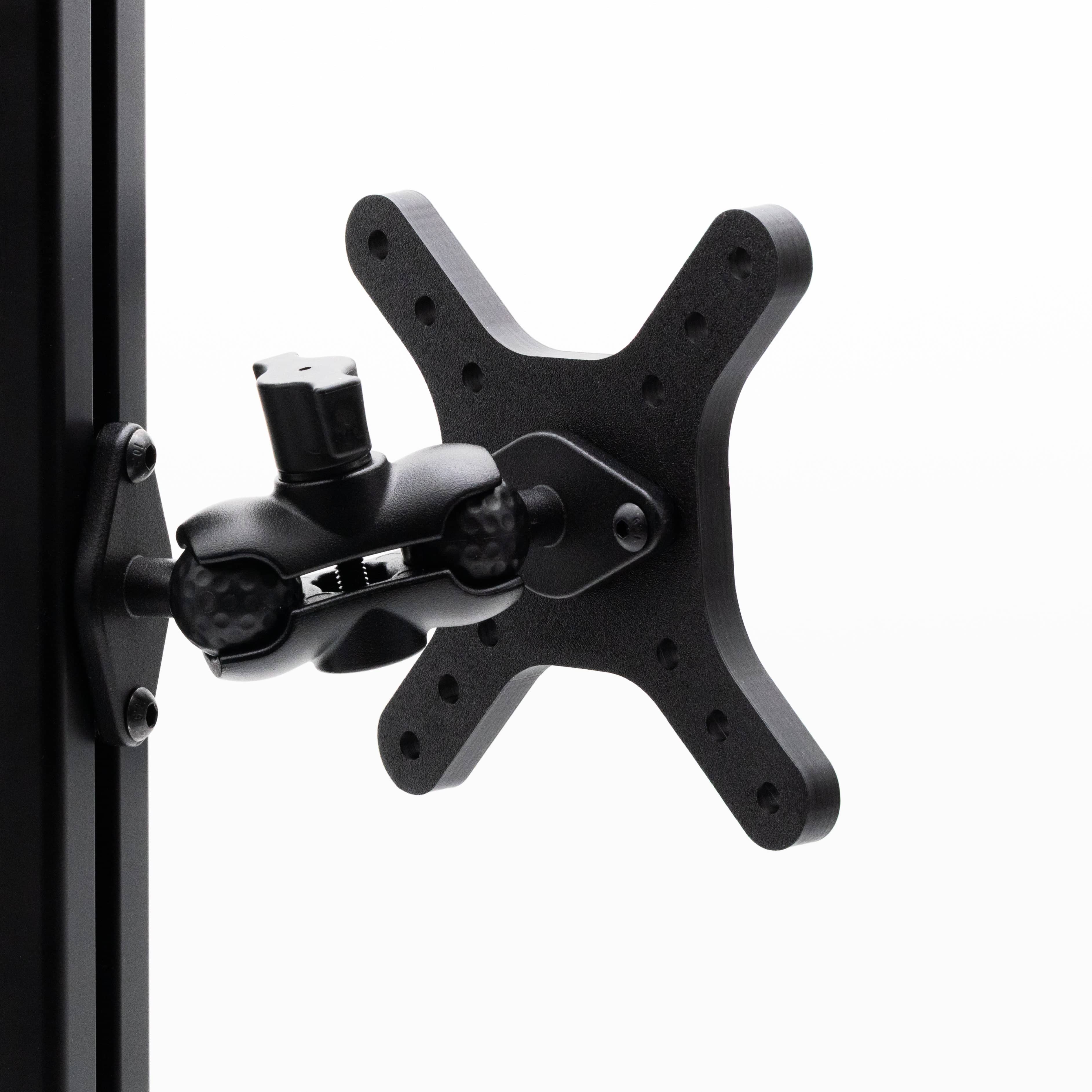 Heavy-duty VESA mount with adjustable arm for sim rig, compatible with 50mm, 75mm, and 100mm mounts, by SimSportGadget.