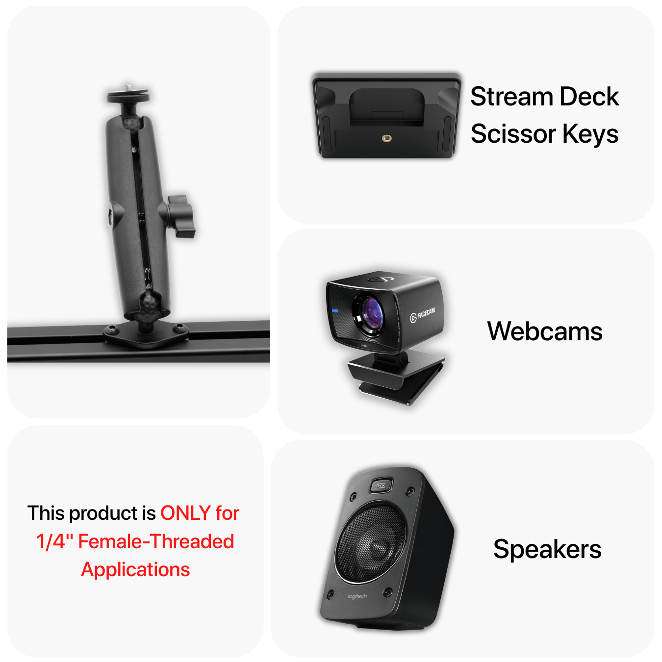 SimSportGadget SSG 1/4 Male Thread Premium Articulating Arm mounted on accessories mount, showing adjustable joint and sturdy construction.