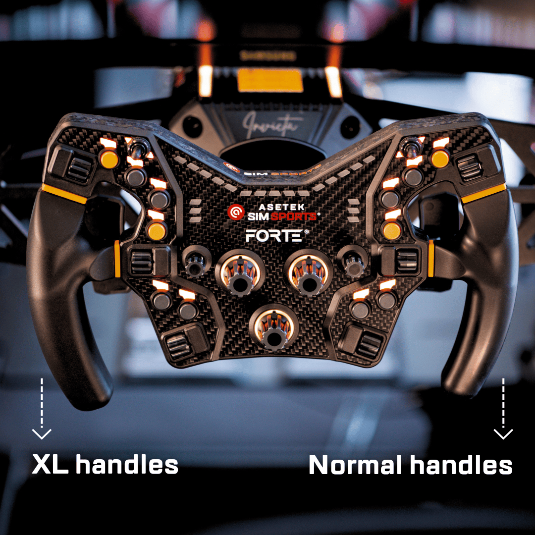 Asetek SimSports Forte Formula XL handles for wheel rims, showing a comparison between XL handles and standard handles.