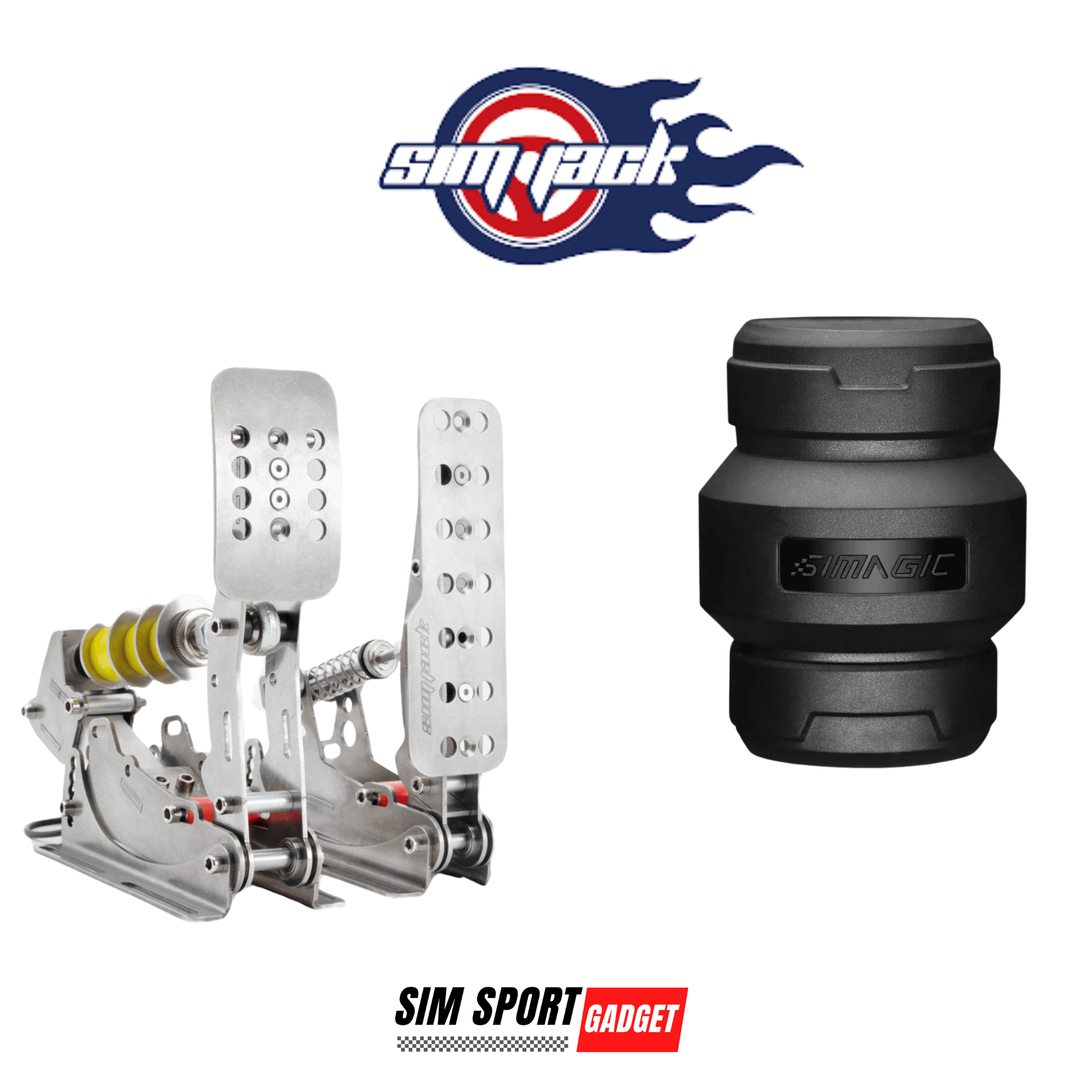 SimSportGadget SimJack Ultimate Pedal Mod mounted on Simagic P-HPR NEO pedal setup for racing simulation.