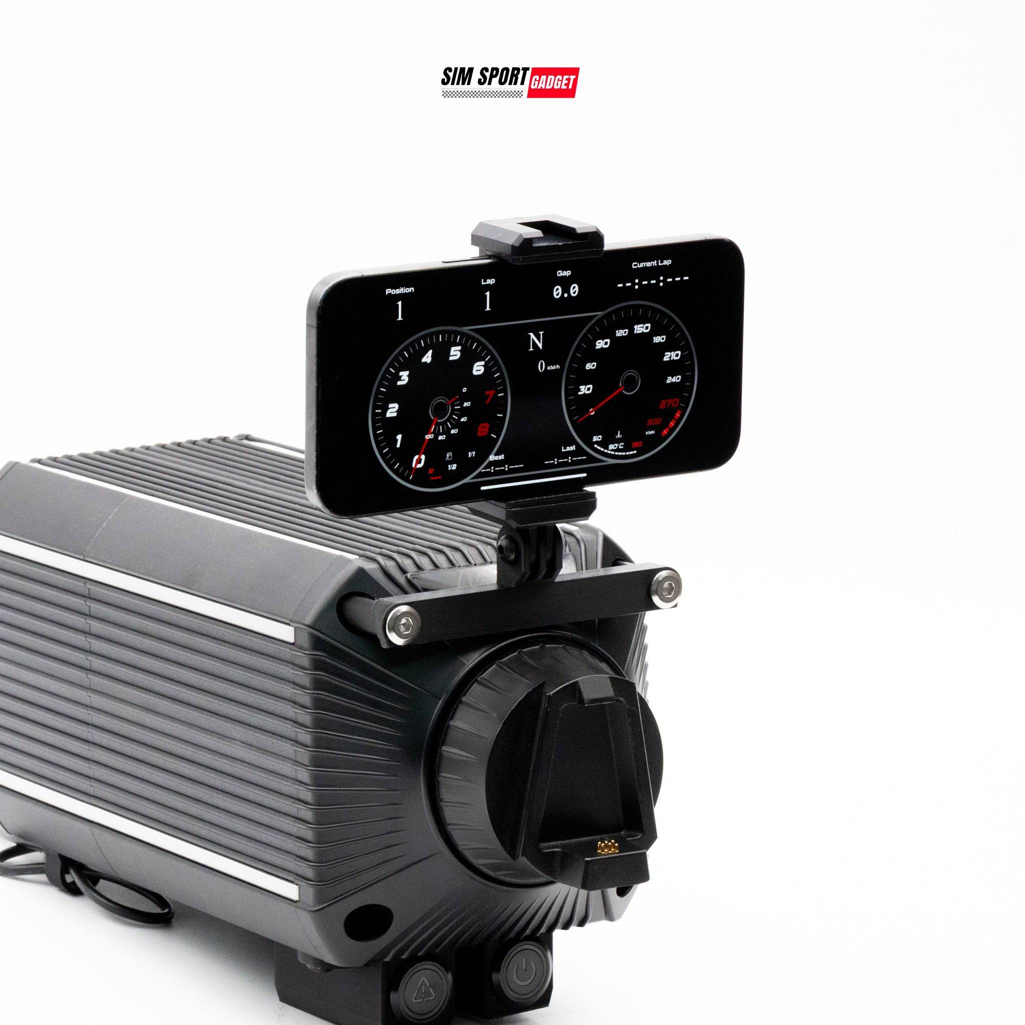 Asetek adjustable dashboard phone mount for wheelbase by SimSportGadget, securely holding a smartphone on a racing wheel setup.