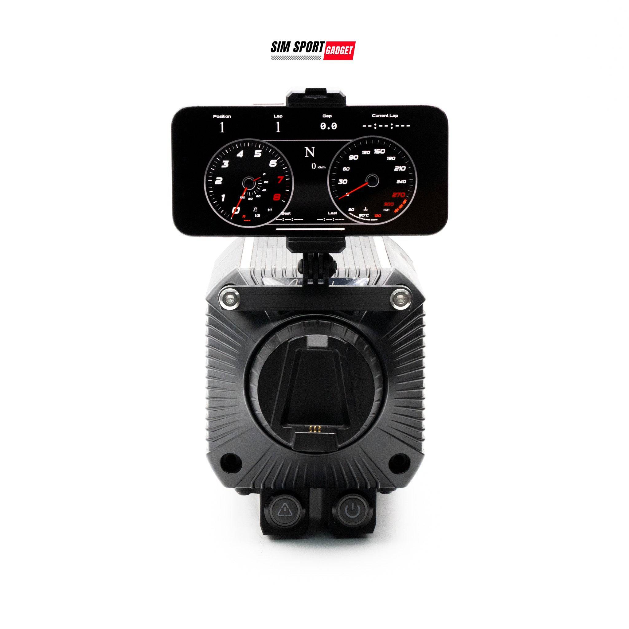 Asetek adjustable dashboard phone mount for wheelbase by SimSportGadget, securely holding a smartphone in a racing setup.