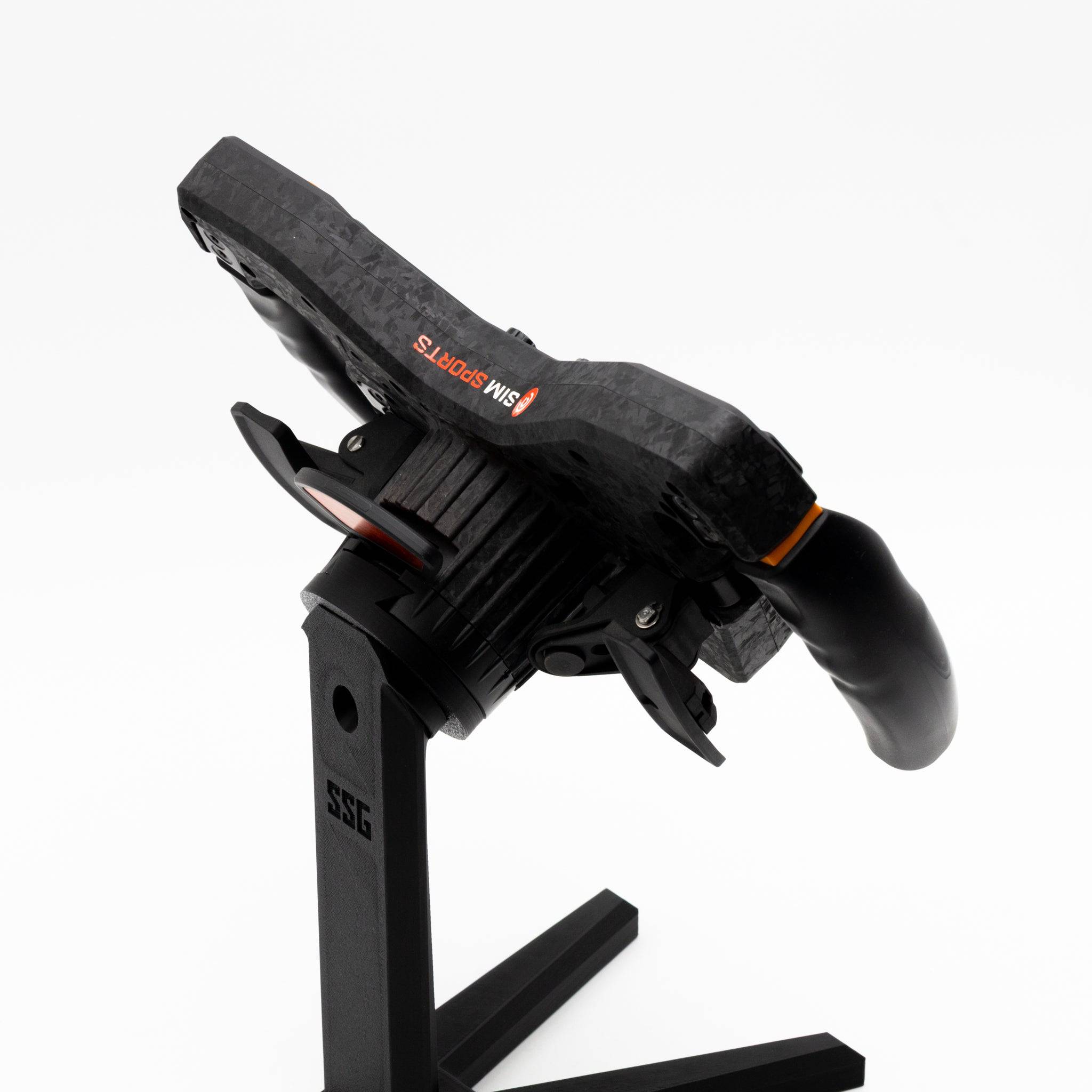 Asetek QR Wheel Display Stand for sim racing steering wheels by SimSportGadget, showcasing a sturdy black wheel rim accessory.