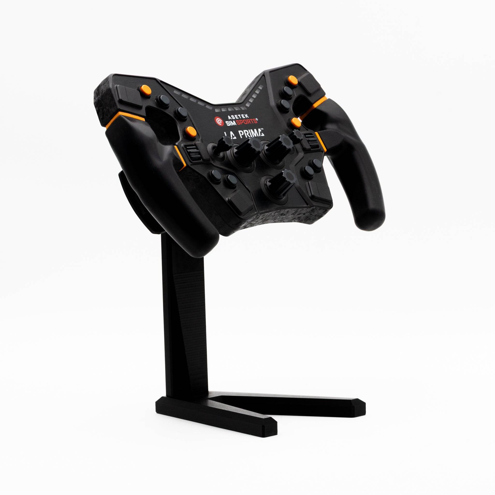 Asetek QR Wheel Display Stand for sim racing steering wheels, featuring a sturdy black frame and mounting area for SimSportGadget accessories.