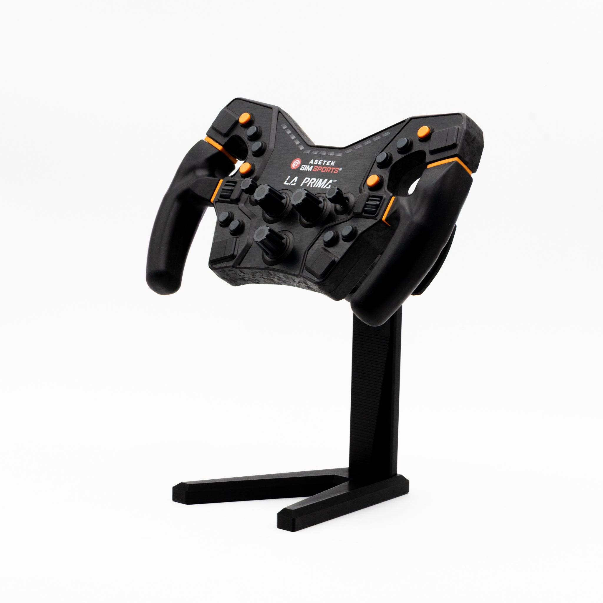 Asetek QR Wheel Display Stand for sim racing steering wheels by SimSportGadget, featuring a sturdy metal frame and adjustable mount.