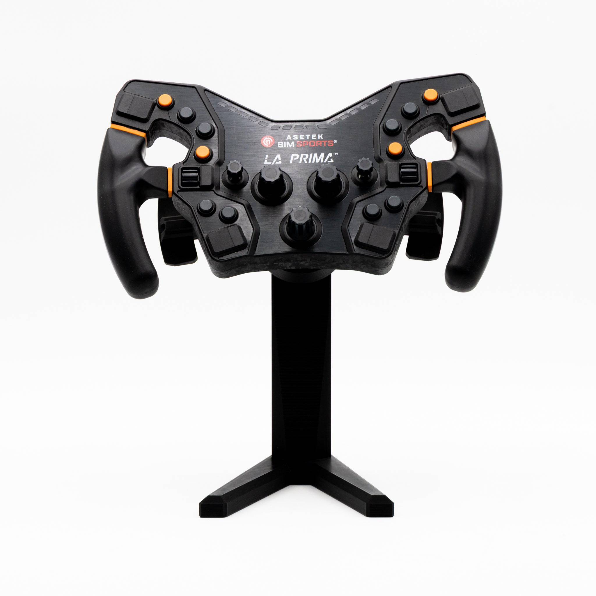 Asetek QR Wheel Display Stand for sim racing steering wheels, black wheel rim accessory with sturdy base, by SimSportGadget.
