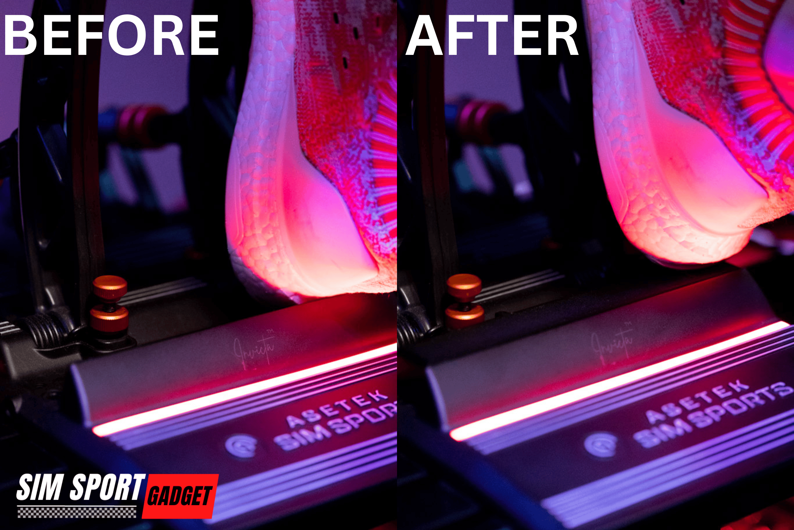 SimSportGadget Asetek Invicta Anti-Catch Pedal Mod showing before and after installation, enhancing pedal smoothness and performance.