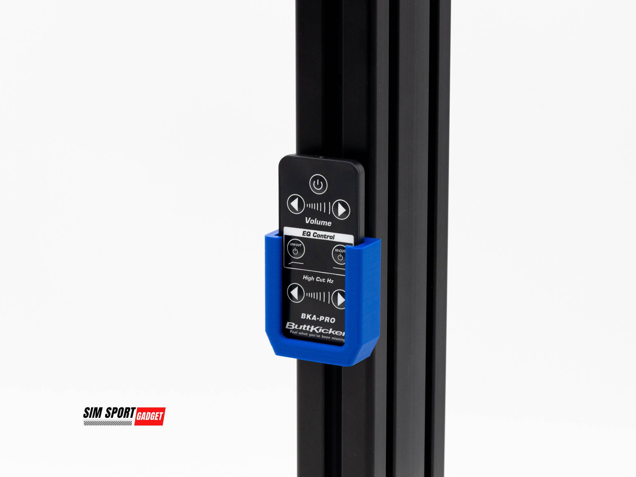 Wireless remote mount for Buttkicker, compatible with sim racing and flight rigs, by SimSportGadget, shown attached to a rig.