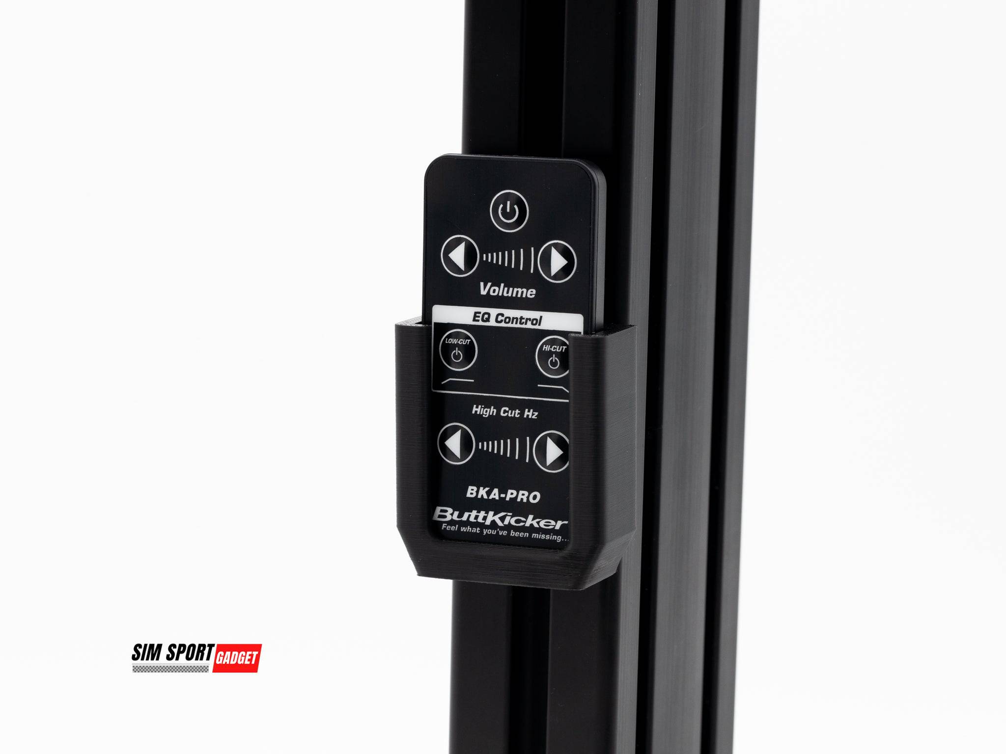 SimSportGadget Buttkicker wireless remote mount attached to a sim racing or flight rig for immersive vibration feedback accessories.