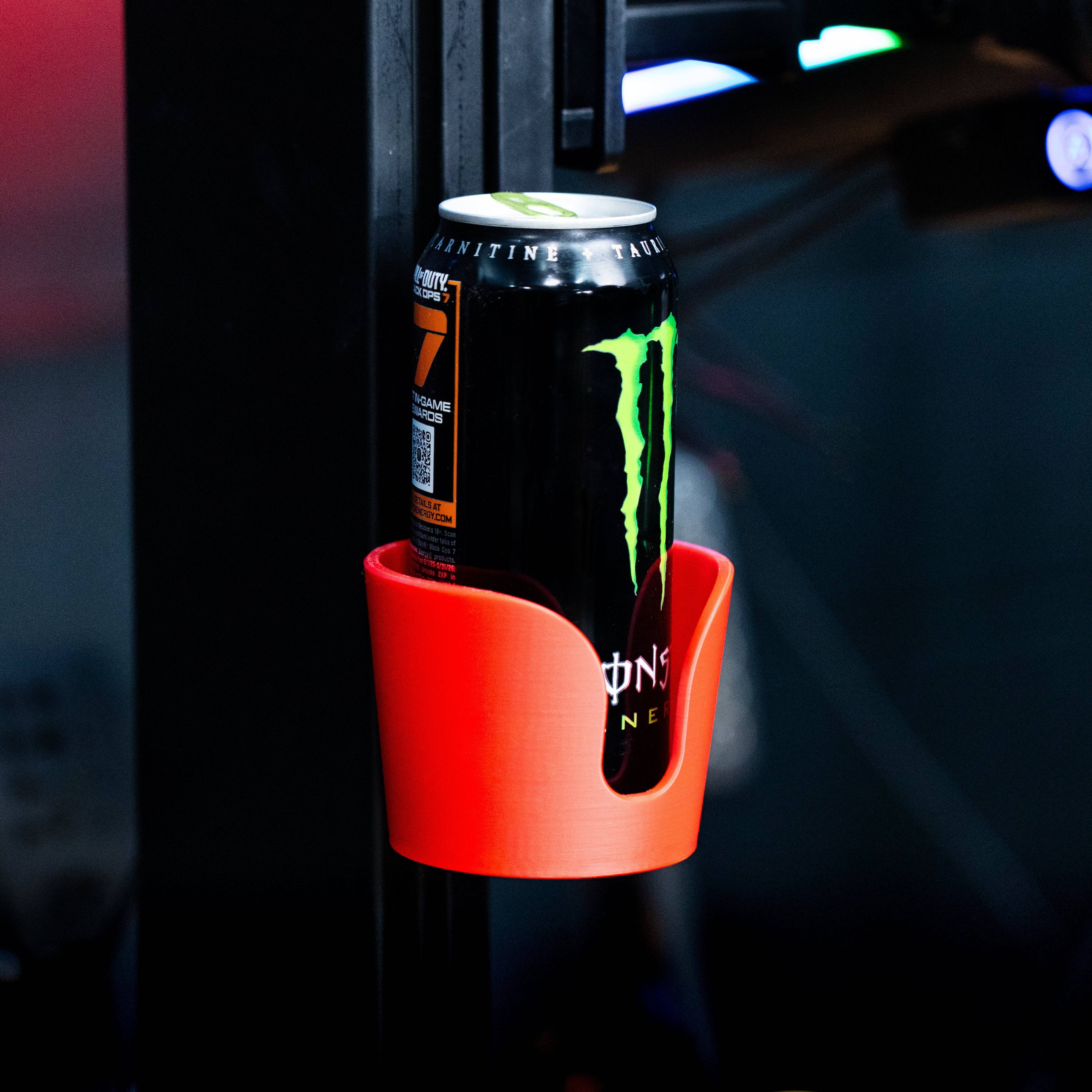 SimSportGadget cup holder accessory mounted on sim racing rig, providing convenient drink holder for racing setup.