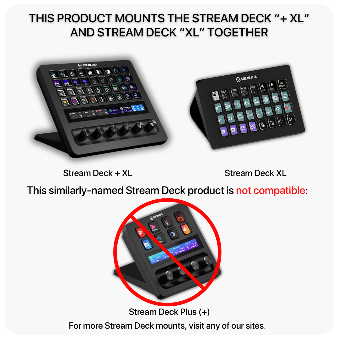 SimSportGadget Stream Deck + XL and XL Combo Mount showing adjustable mounting options for Stream Deck devices.