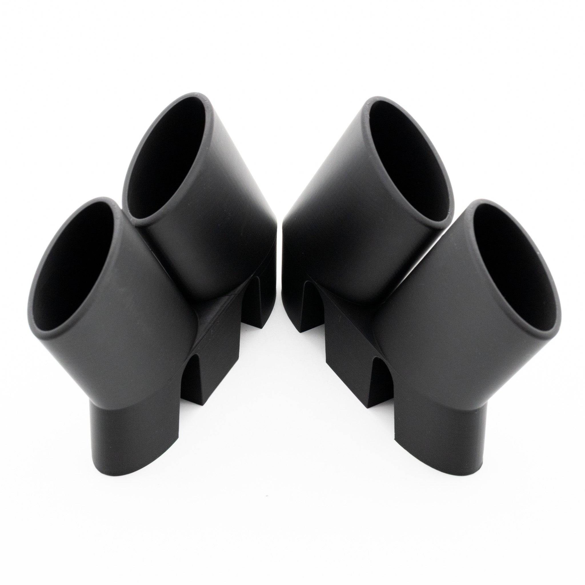 Set of two faux slanted exhaust pipes accessories by SimSportGadget, showcasing detailed metallic finish and angled design.