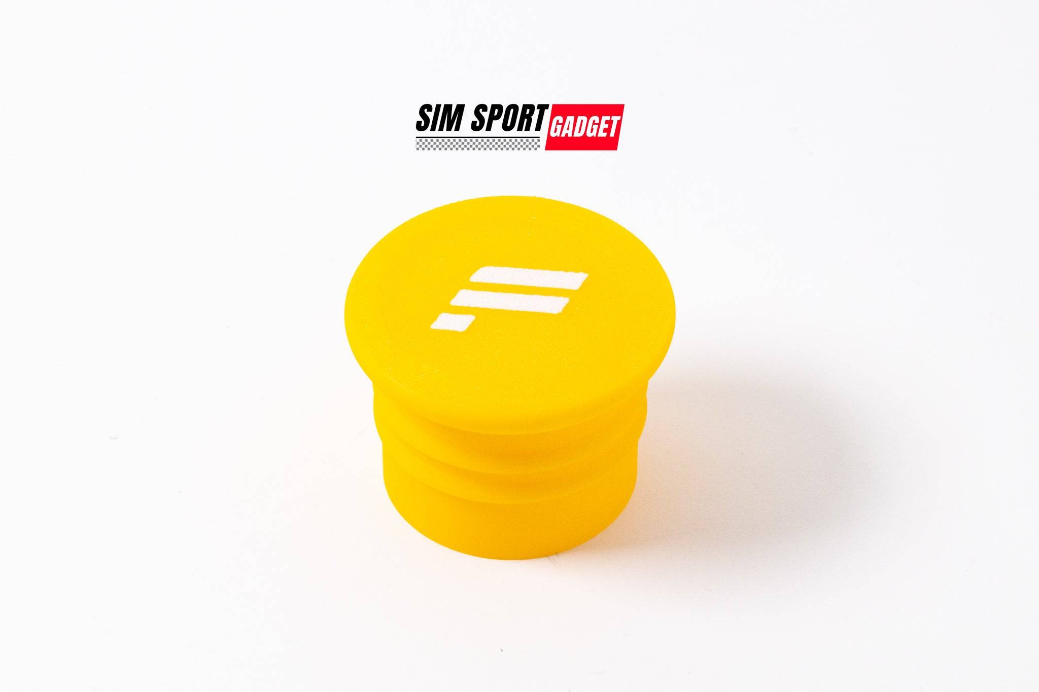 Yellow Fanatec QR1 base dust cover by SimSportGadget, showing the logo and protective cover for the gaming steering wheel base.