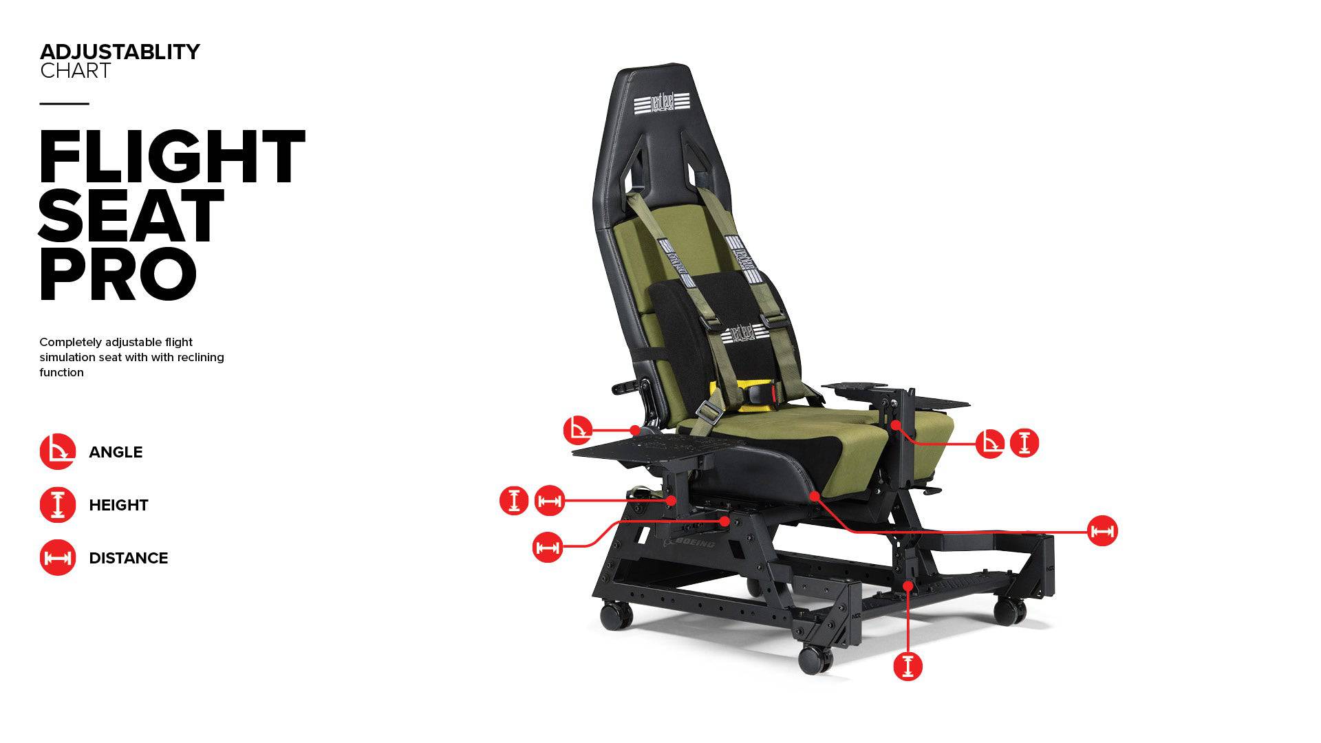 Next Level Racing Flight Seat Pro Boeing Military Edition flight cockpit simulator chassis with adjustable features and realistic design.