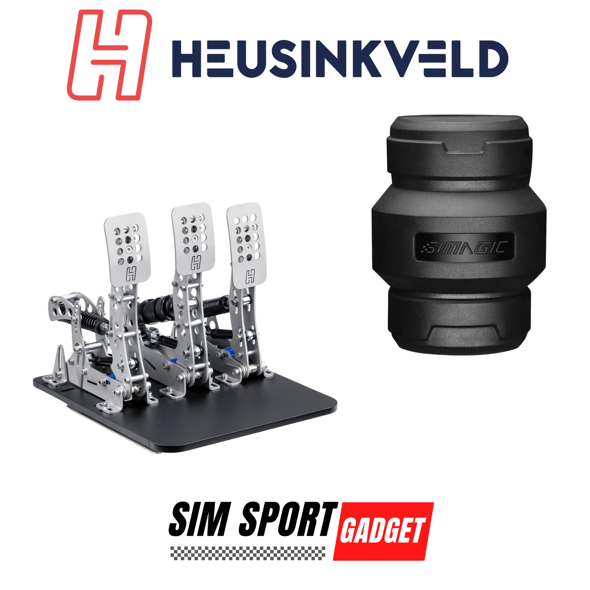 SimSportGadget Heusinkveld Ultimate Pedal Mod on Simagic P-HPR NEO Mount, close-up of high-performance sim racing pedal setup