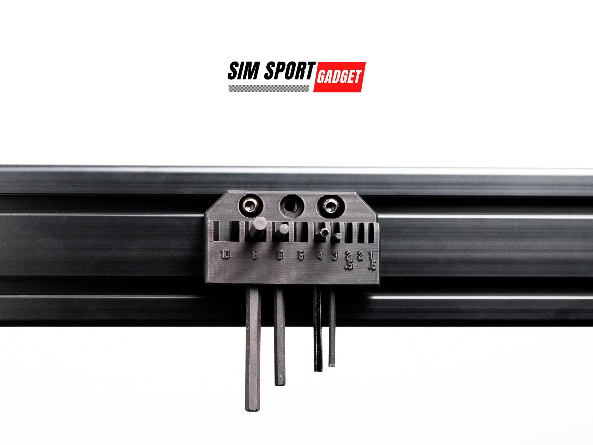 SimSportGadget Allen / hex key mount tool holder with arm size chart on a white background.