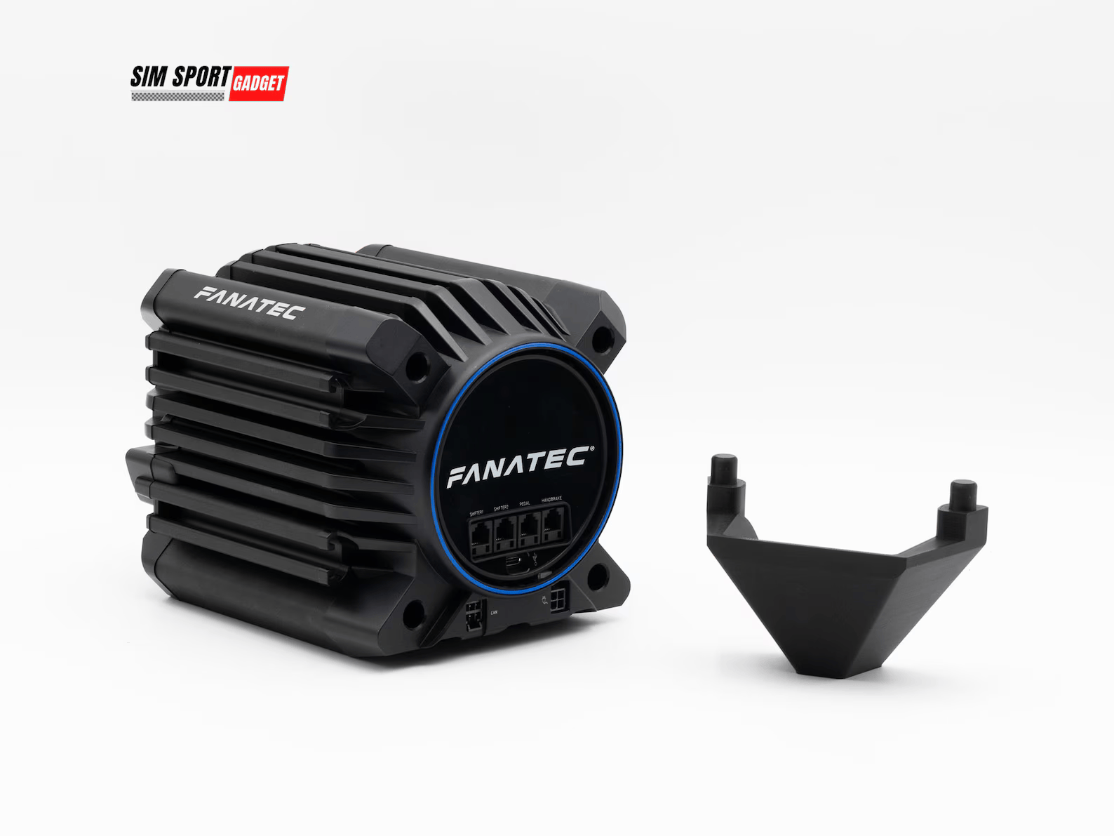 SimSportGadget Fanatec Clubsport DD/DD+ cable protector mounted on accessories mount for gaming wheel setup.