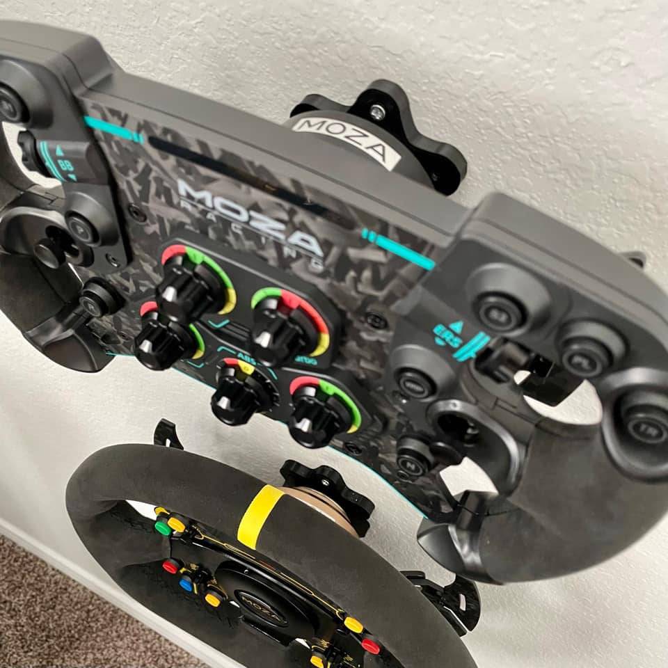 SimSportGadget wall mount for Moza quick release wheel, 360-degree adjustable wheel mount for racing sim setups.