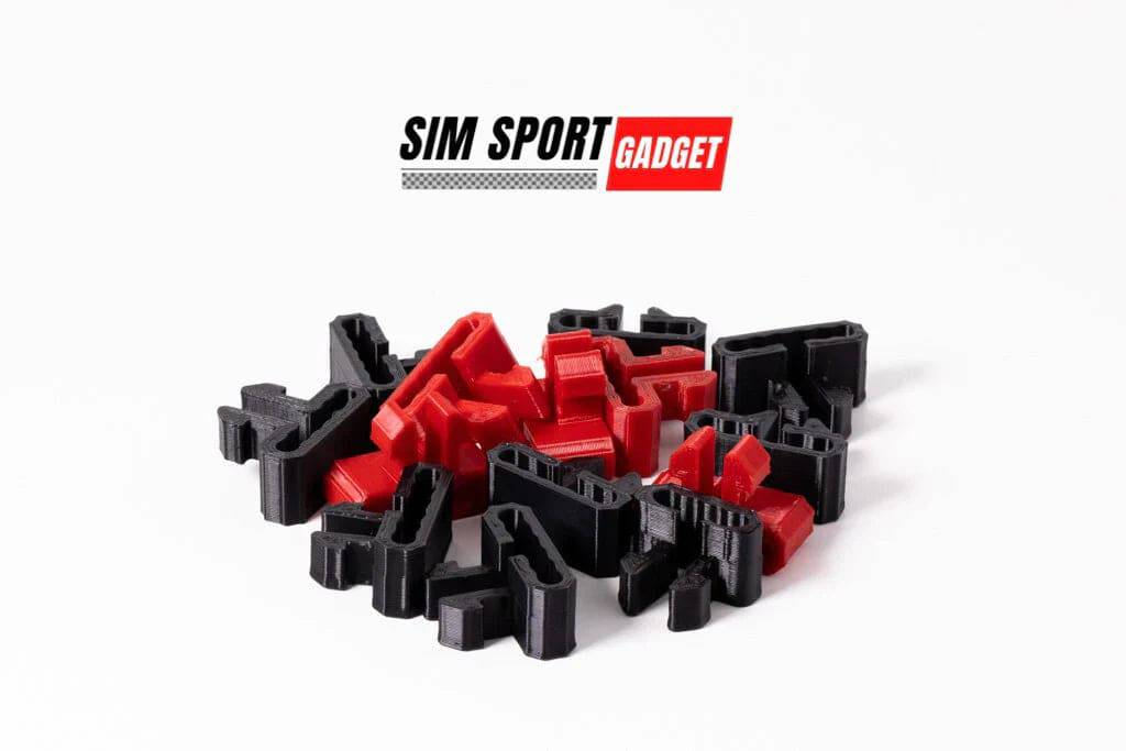 SimSportGadget cable management clip with knuckle design for organizing and securing cables neatly.