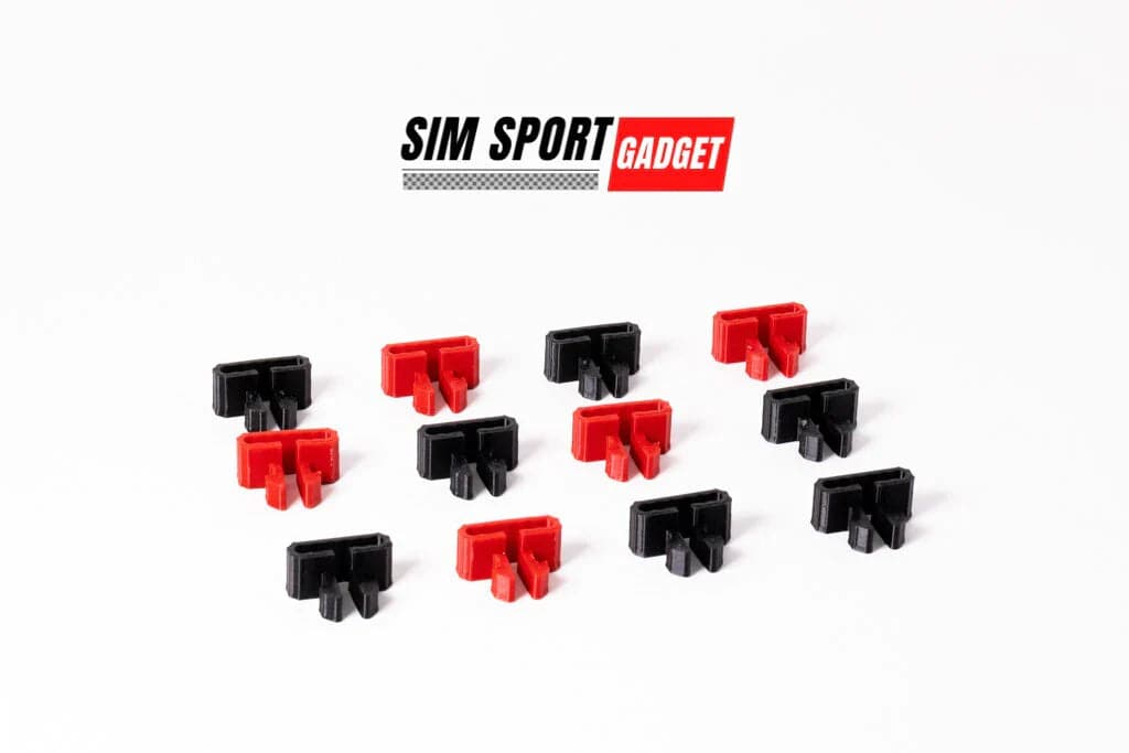 SimSportGadget cable management clip with knuckle design, used to organize and secure cables neatly.