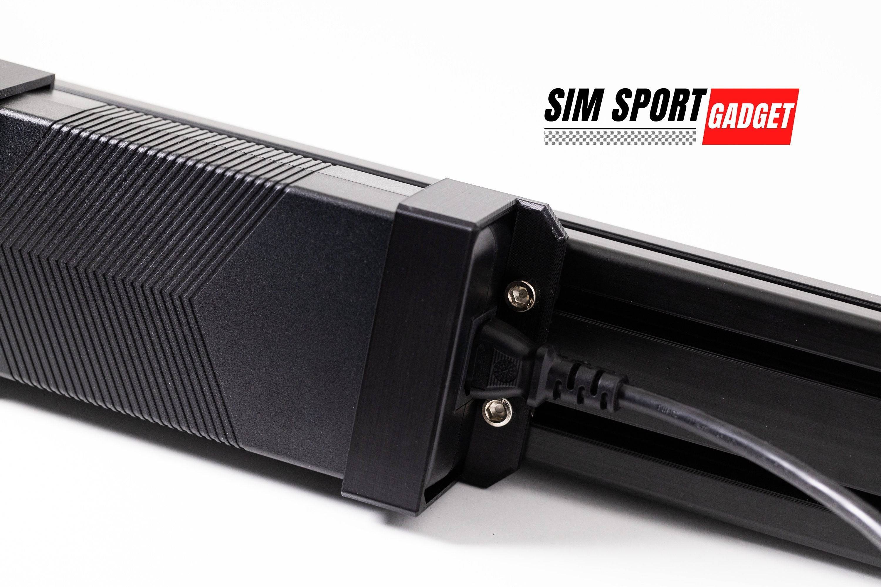 SimSportGadget power supply bracket for Fanatec Clubsport DD wheelbase, mounted securely on the power brick for racing sim setup.
