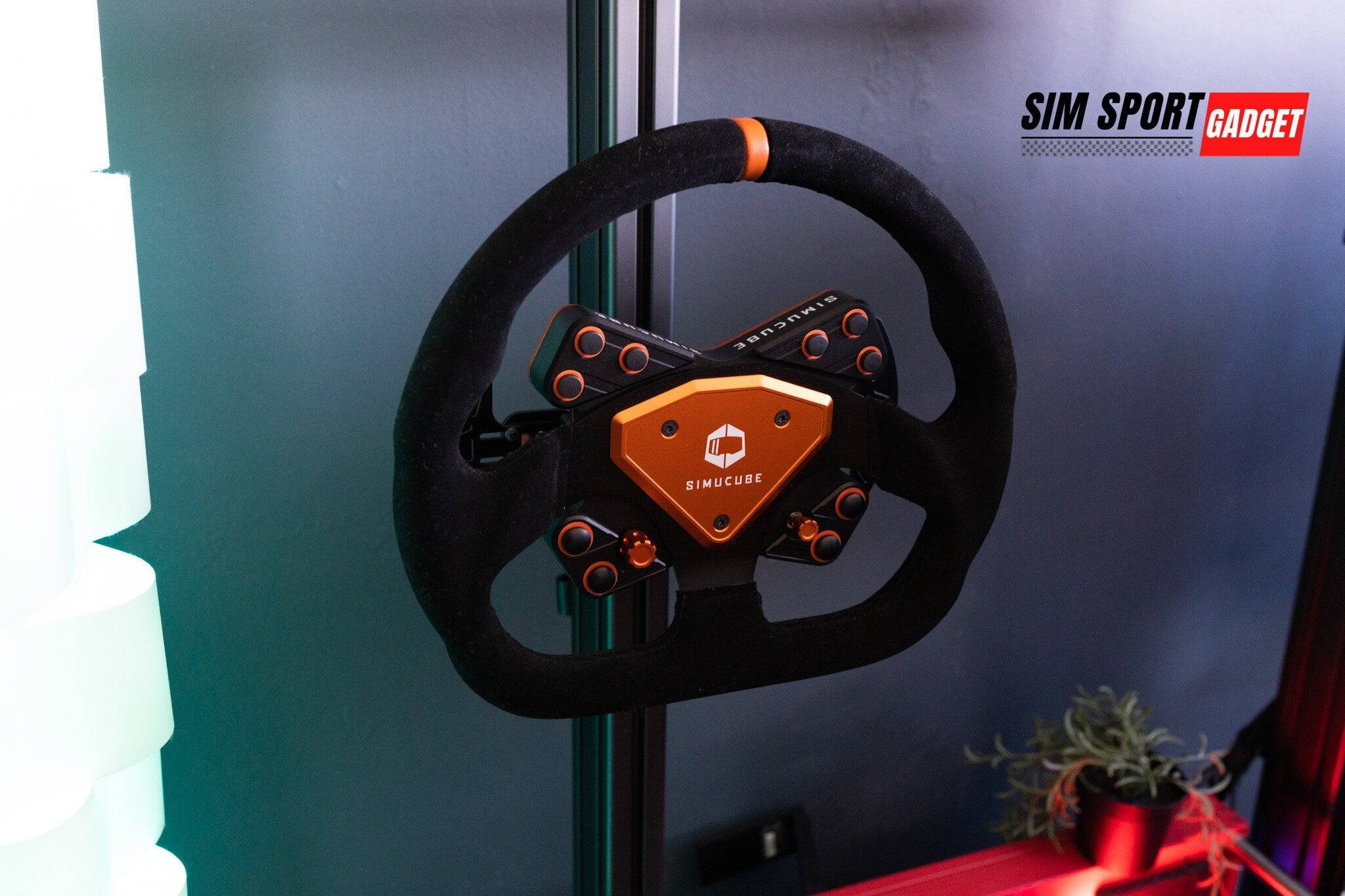 SimSportGadget Profile Wheel Mount for Simucube Quick Release system, showing a sturdy, black metal mount with quick-release fitting.