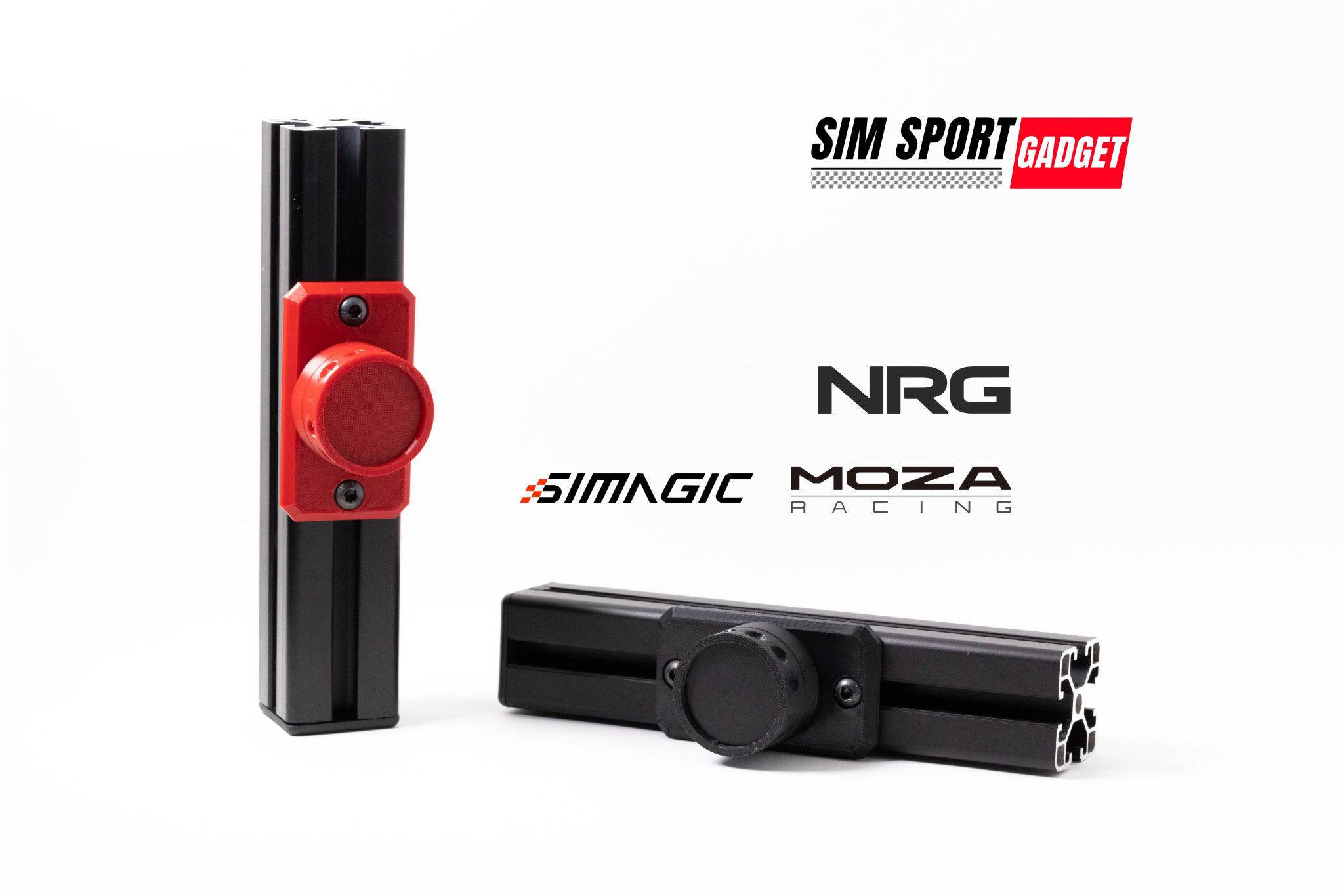 SimSportGadget profile wheel mount for Moza quick release, shown attached to a racing wheel setup for easy quick-release access.