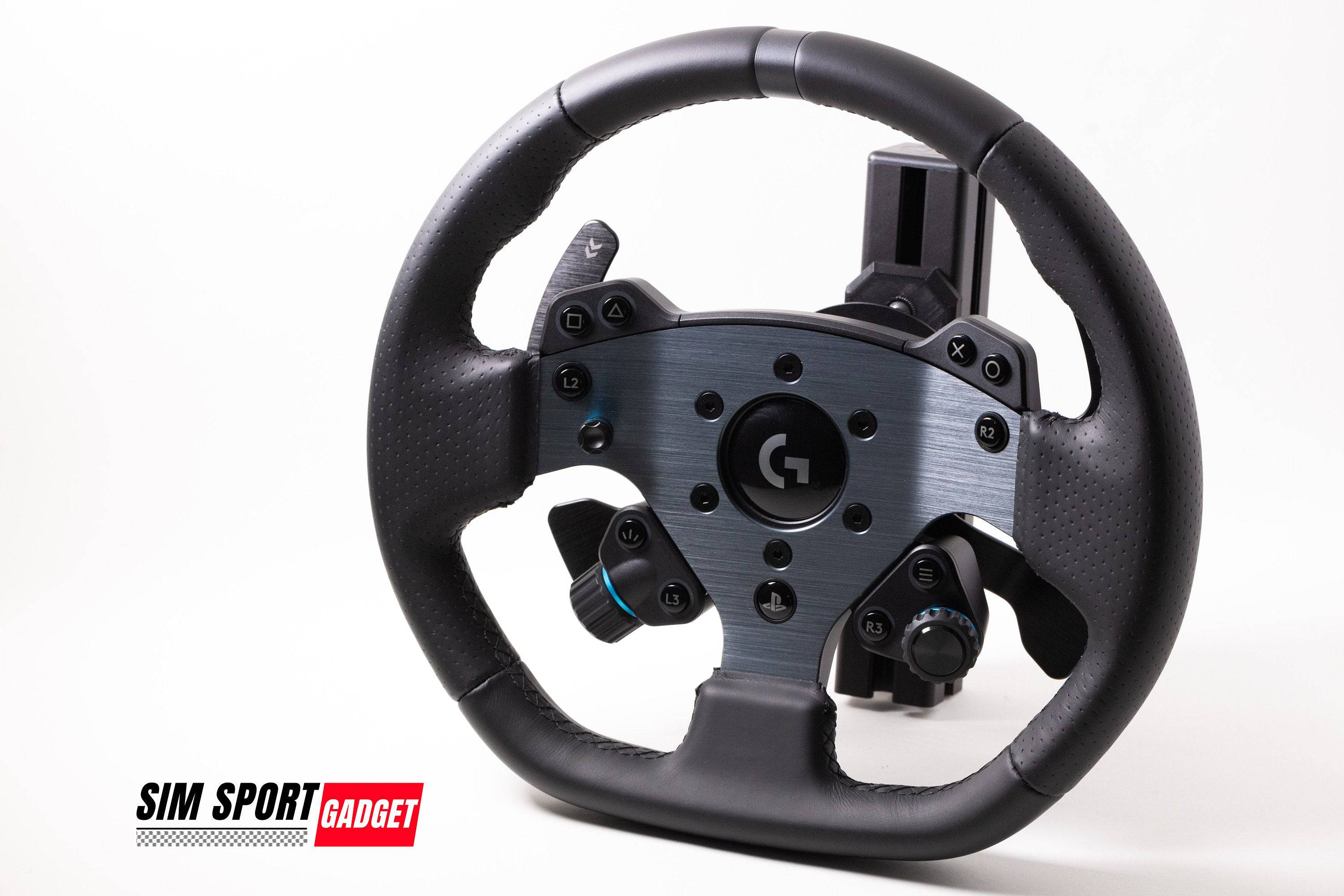 SimSportGadget Logitech Pro Steering Wheel Aluminum Profile Mount for sim racing, showing sturdy wheel mount with sleek aluminum design.