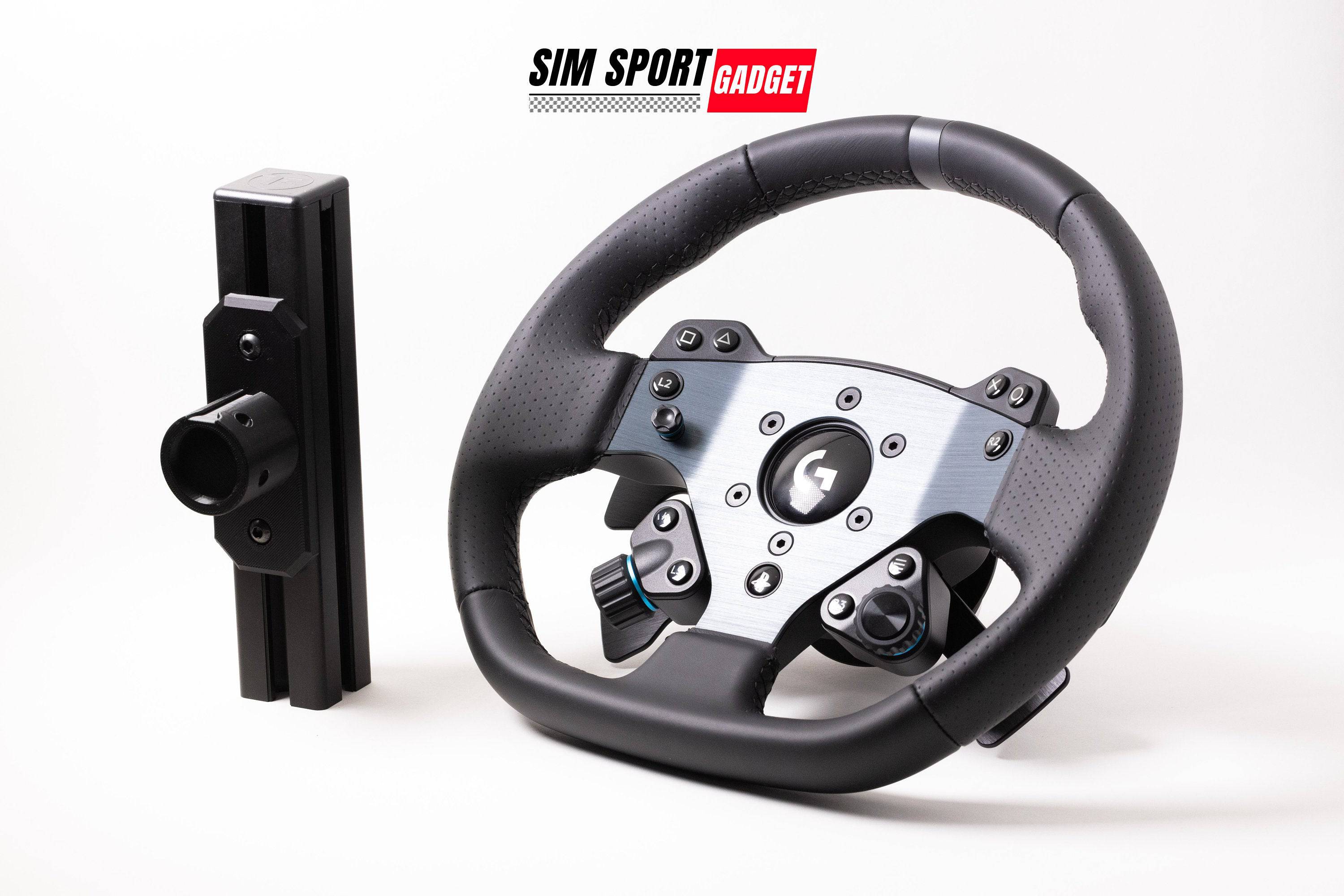 SimSportGadget Logitech Pro Steering Wheel Aluminum Profile Mount for sim racing setup, shown mounted on a wheel.