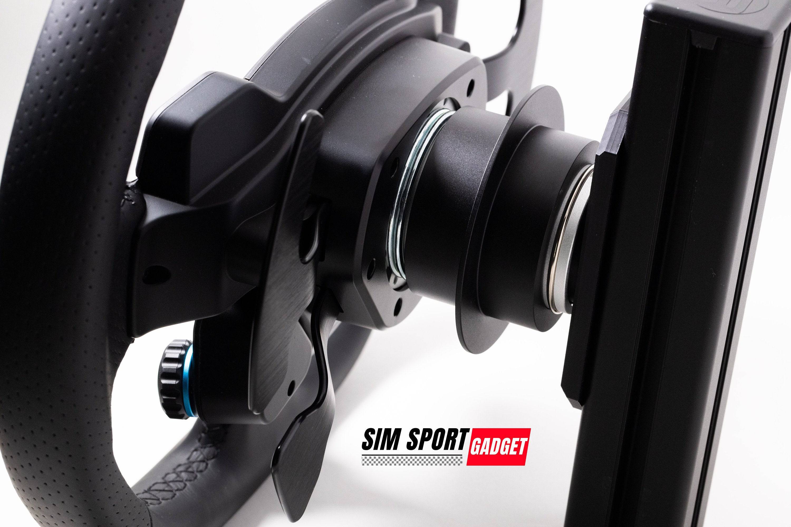 SimSportGadget Logitech Pro steering wheel aluminum profile mount for sim racing, shown attached to a racing wheel.