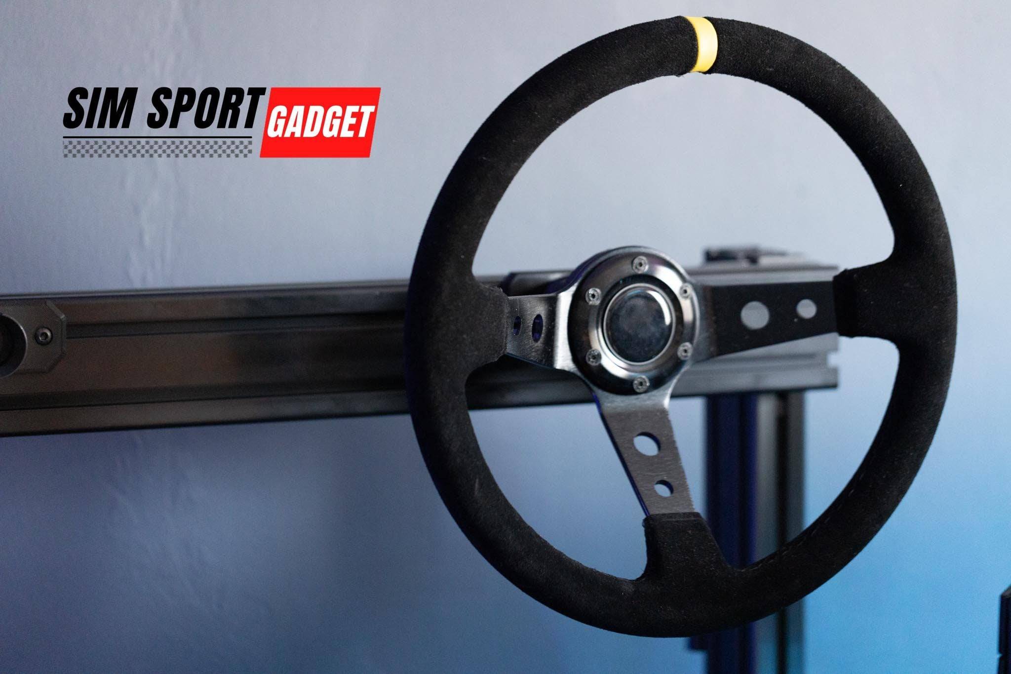 Set of three SimSportGadget wheel profile mounts for Xero-play quick release system, shown mounted on a racing wheel.