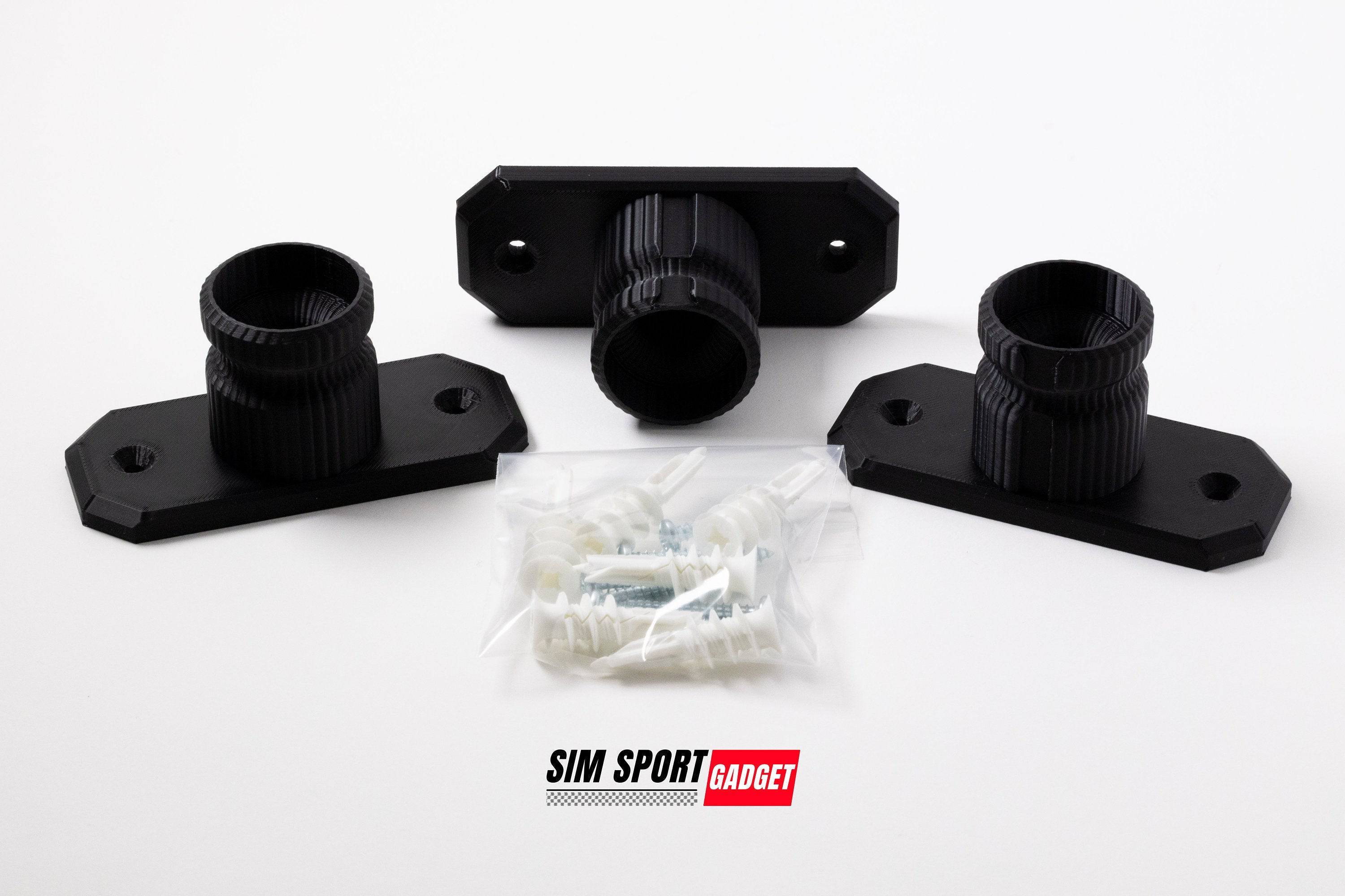 Three SimSportGadget wheel wall mounts for Fanatec QR1 quick release, sturdy black metal brackets for easy attachment.