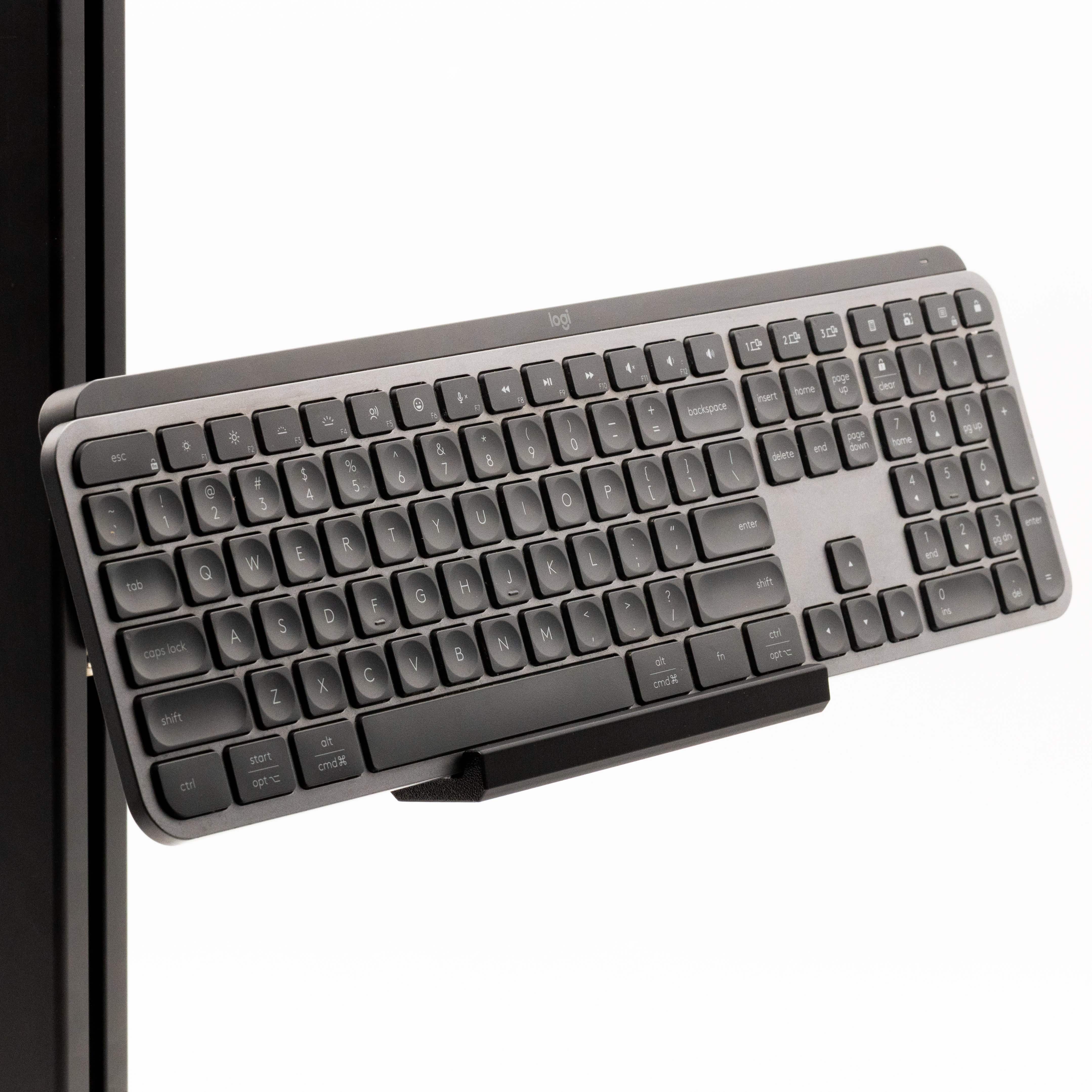 SimSportGadget adjustable keyboard tray mounted on a desk, showcasing ergonomic keyboard mount for comfortable typing.