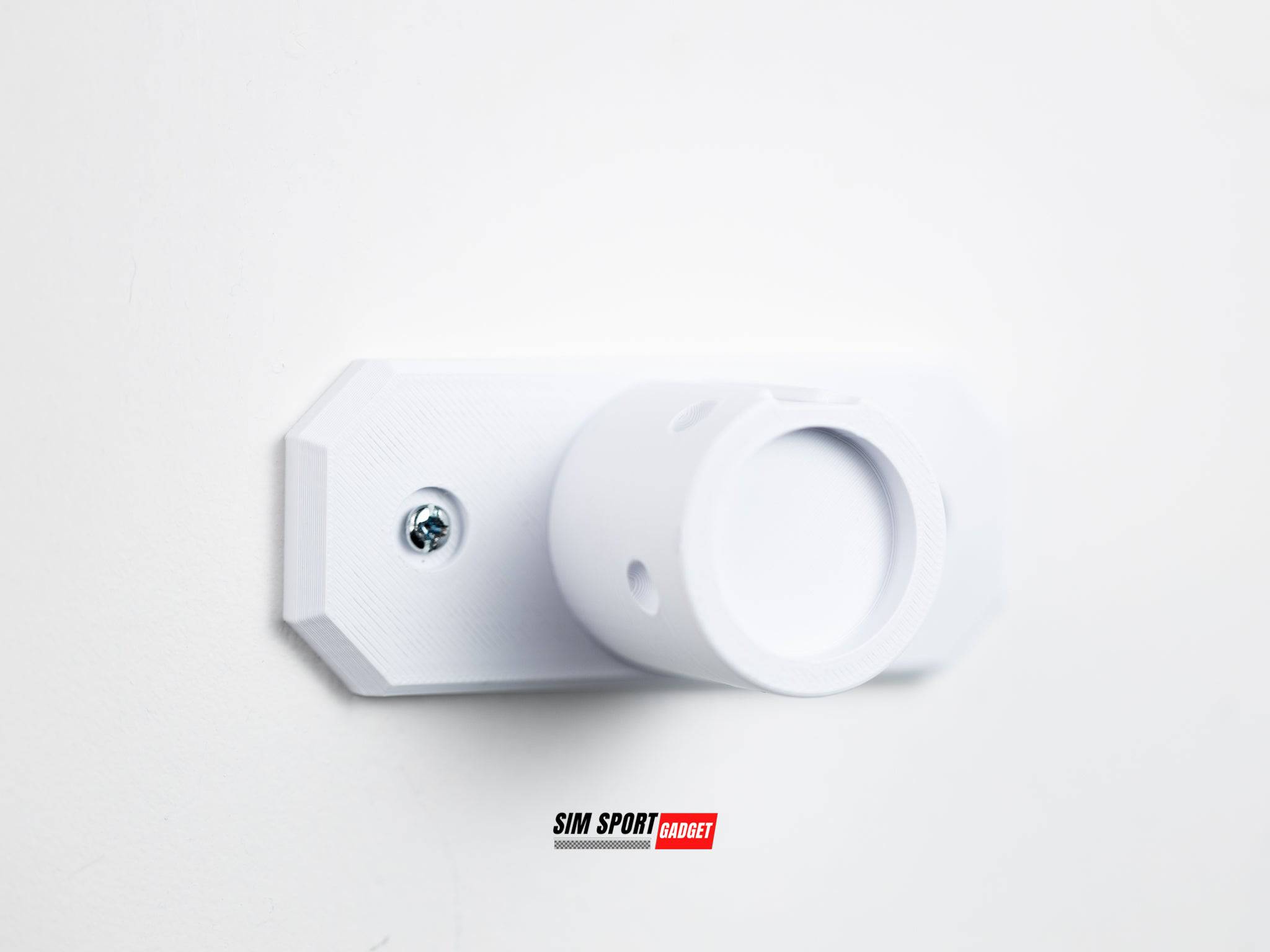 White wall mount for Logitech Pro Quick Release wheel from SimSportGadget, designed for secure attachment and easy setup.
