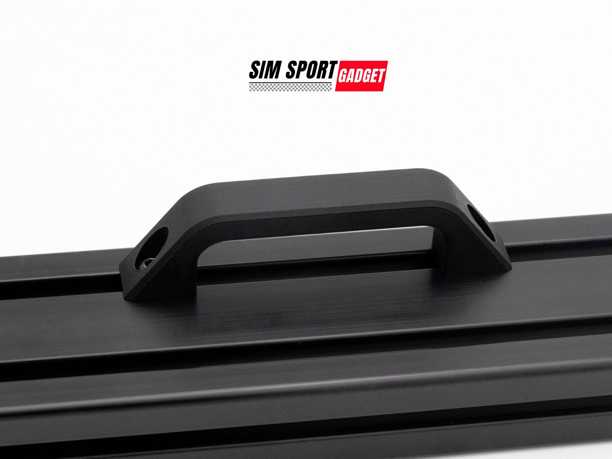 SimSportGadget handle for SimRig accessories mount, showing a sturdy black attachment with mounting holes for gaming simulation setups.