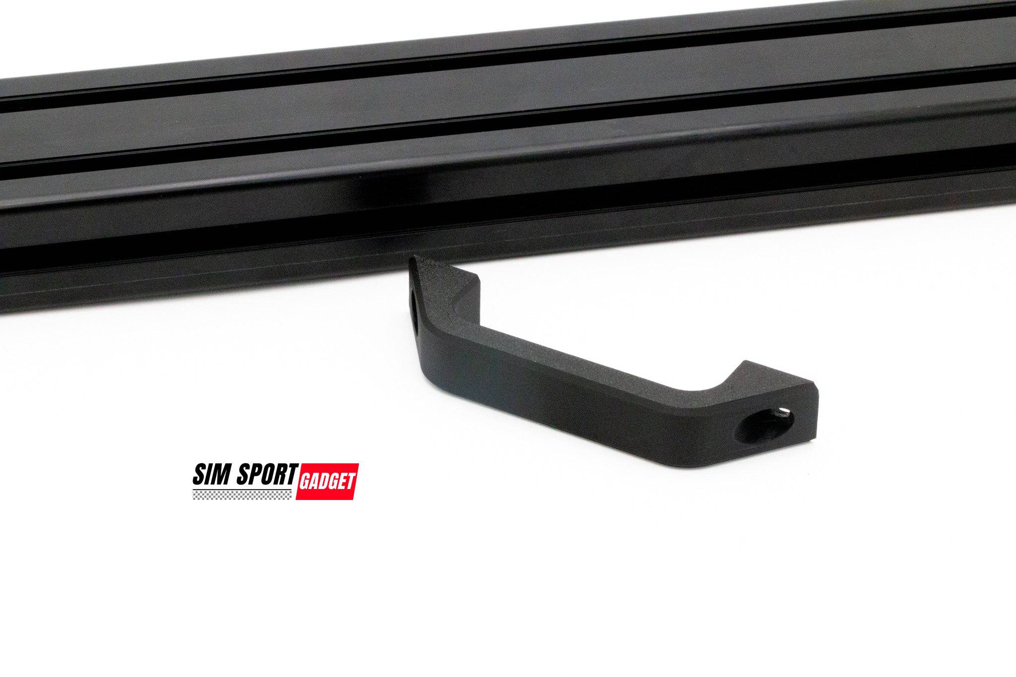 SimSportGadget handle for SimRig accessories mount, showing a durable, black mounting handle attached to a racing simulator setup.