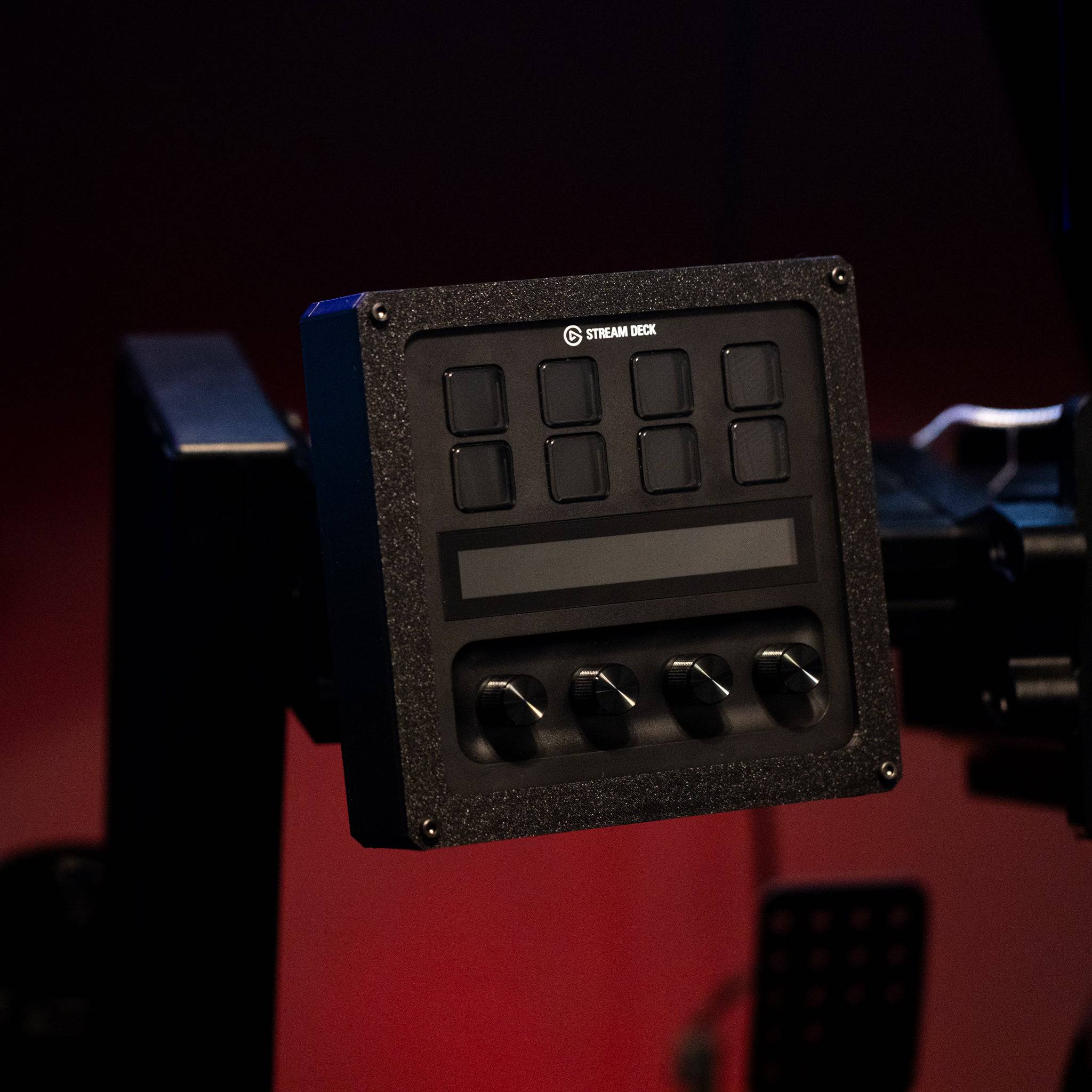 SimSportGadget Stream Deck mount with adjustable enclosure and mount, designed for customization and secure setup.