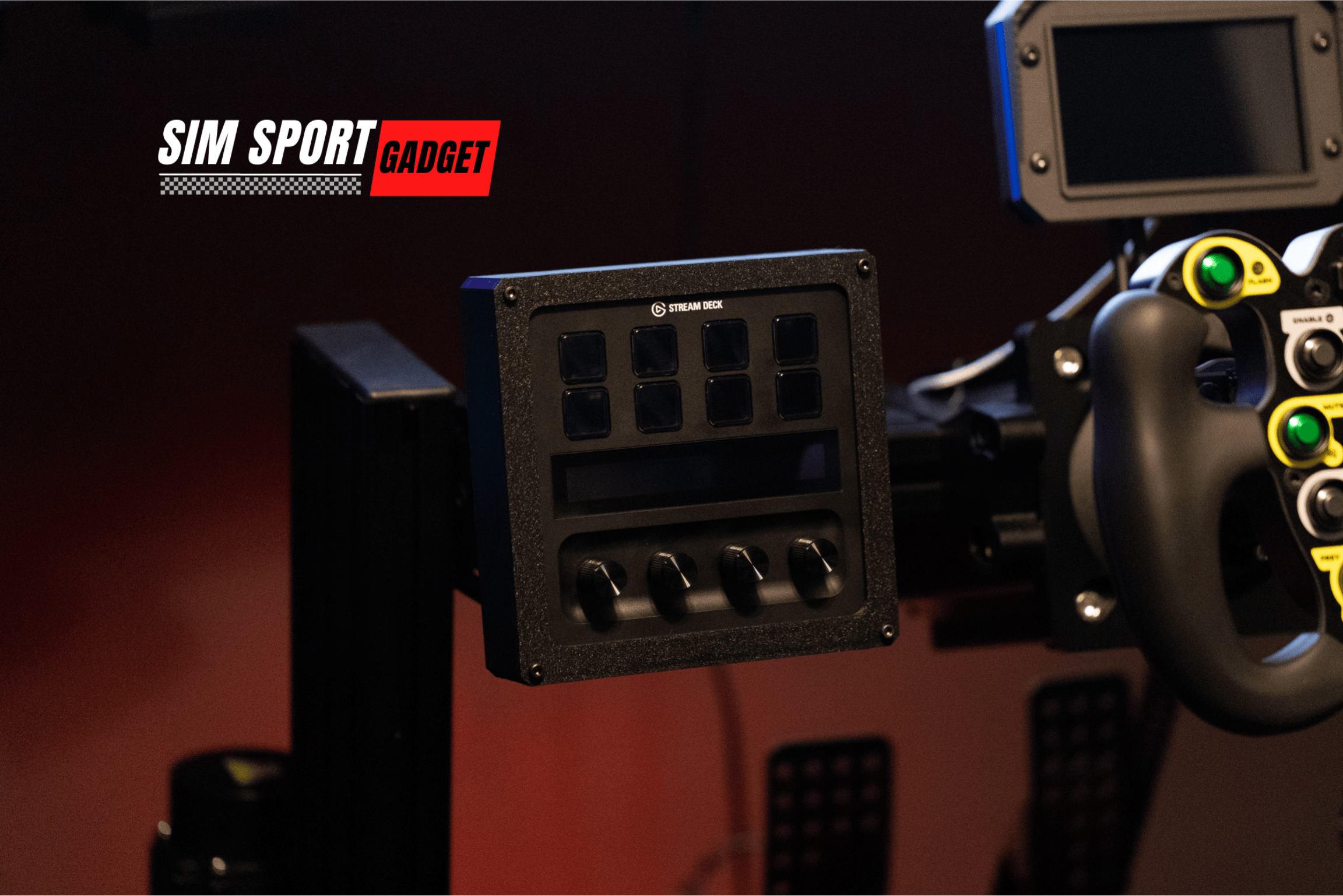 SimSportGadget Stream Deck mount with adjustable enclosure, featuring a sleek design and secure attachment for easy setup.