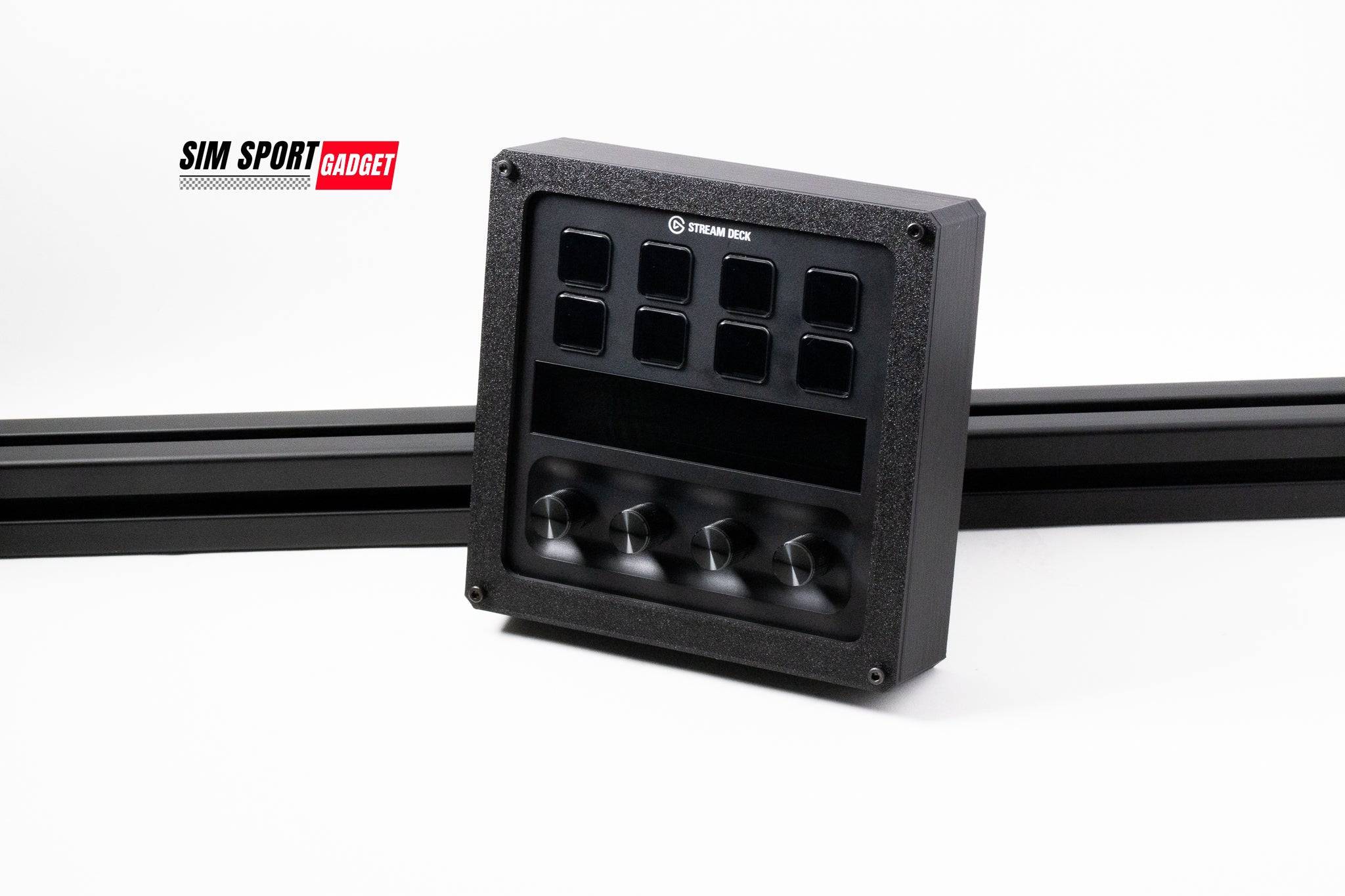 SimSportGadget Stream Deck mount with enclosure and adjustable mount, showing a sleek, compact setup for customizable control.