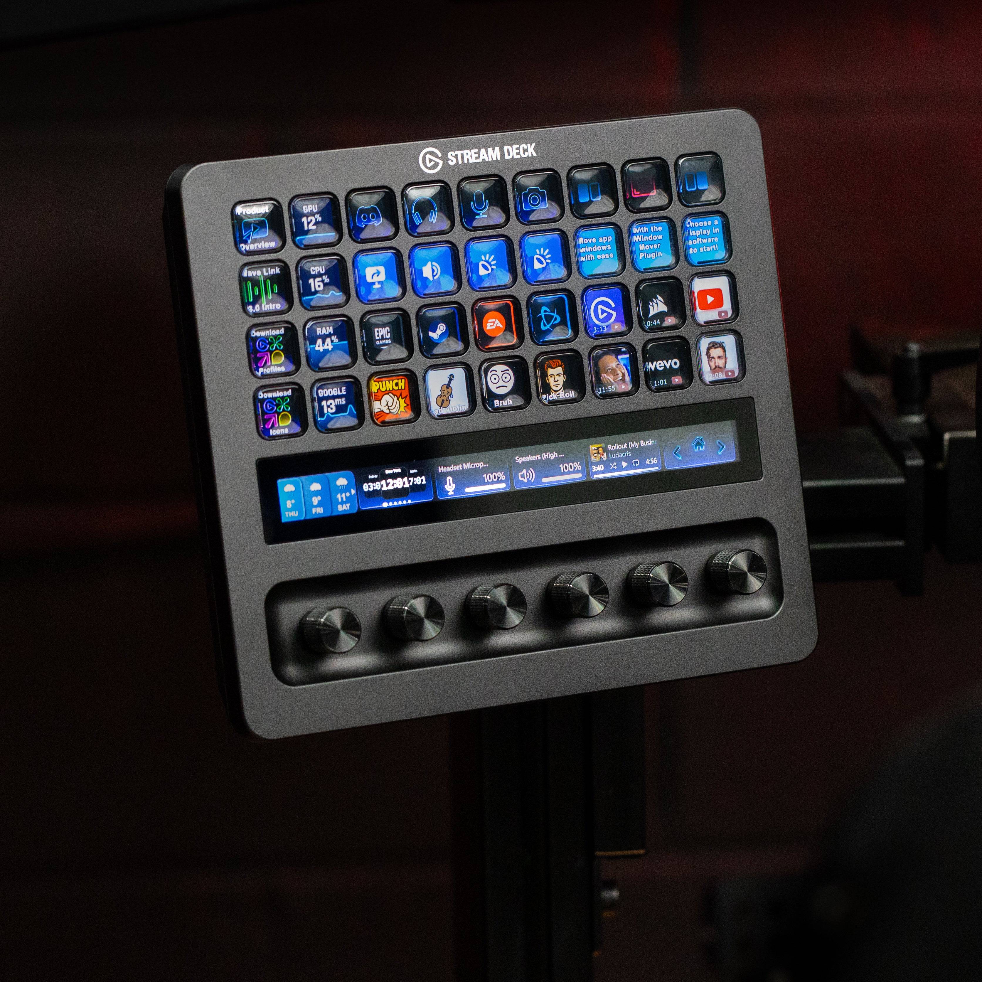 SimSportGadget Stream Deck + XL premium swivel mount attached to a flight or sim rig for secure, adjustable control access.