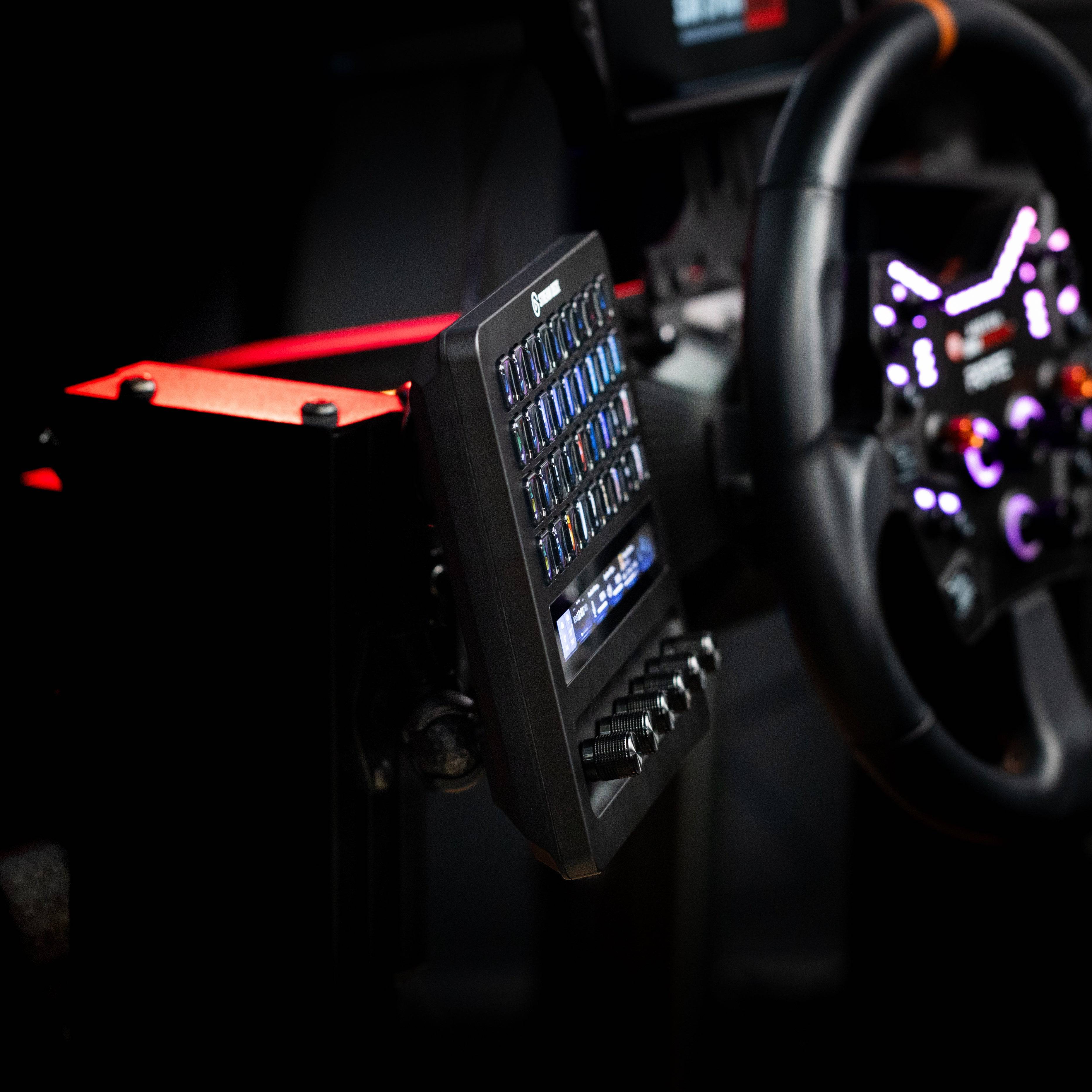SimSportGadget Stream Deck + XL premium swivel mount attached to a flight or sim rig, showcasing adjustable mounting for easy access.