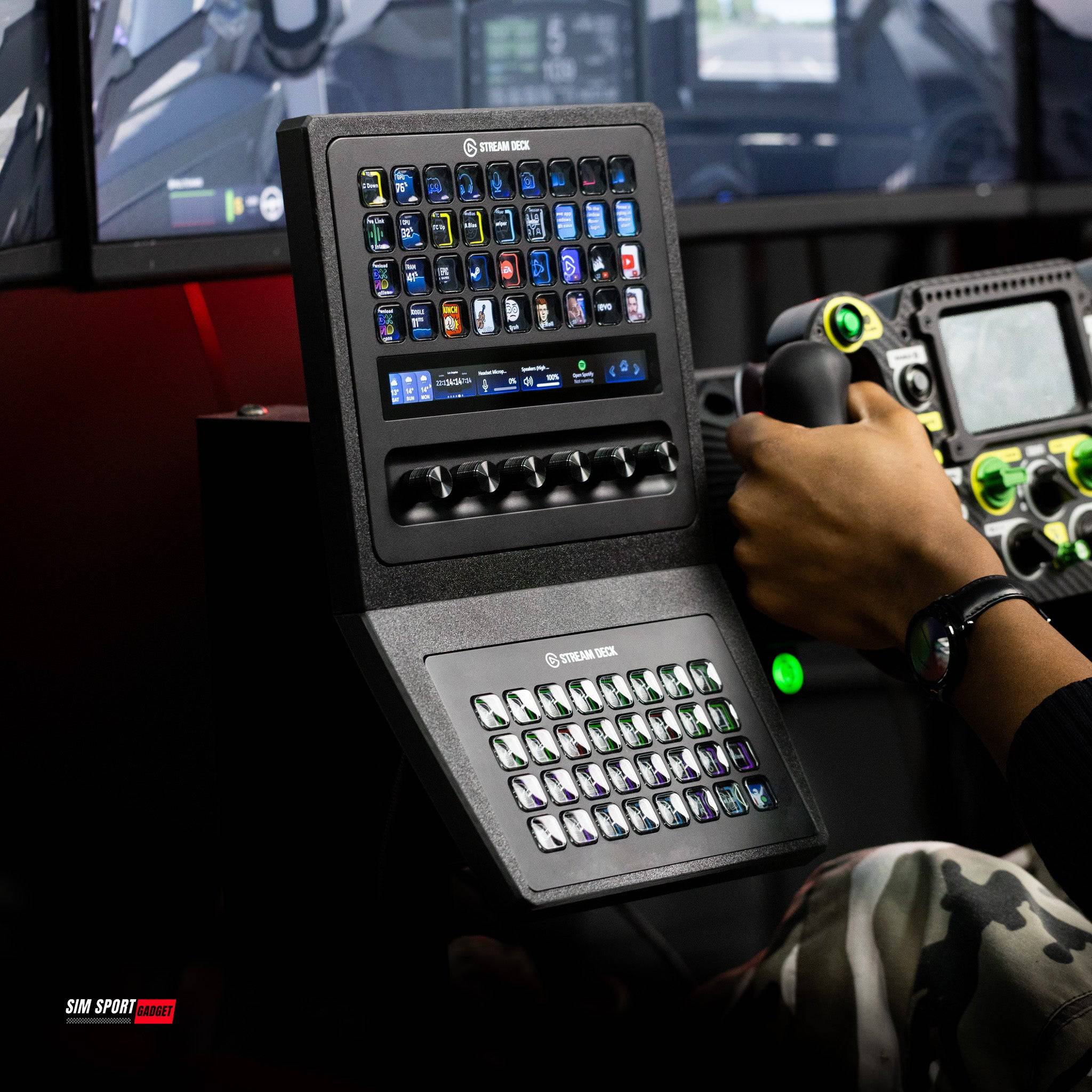 SimSportGadget Stream Deck + XL and XL Combo Mount attached to a gaming desk, showcasing adjustable mounting solutions.