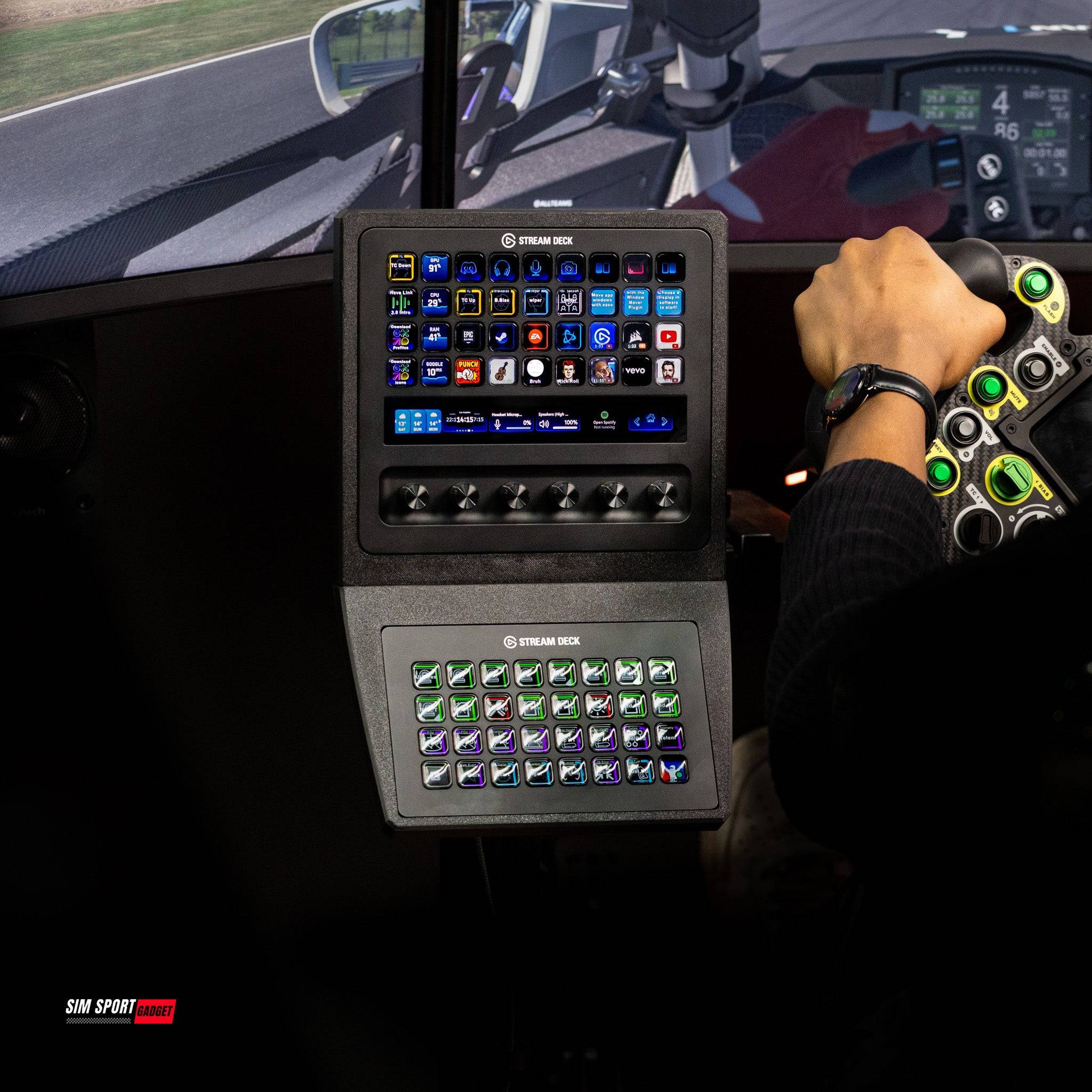 SimSportGadget Stream Deck + XL and XL Combo Mount showing sleek black mount with integrated slots for easy setup and access