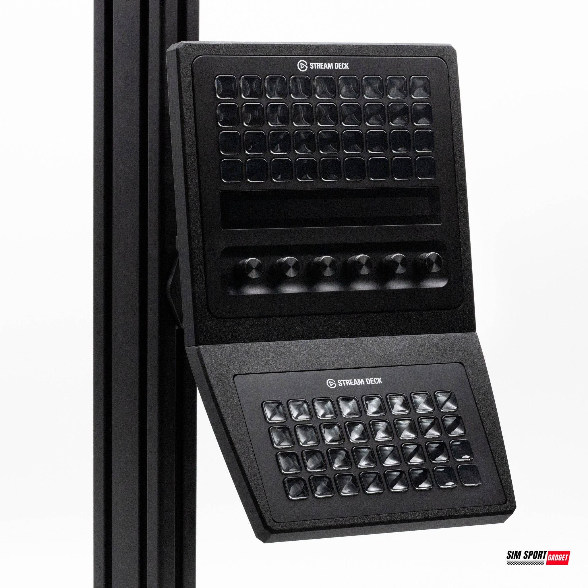 SimSportGadget Stream Deck + XL and XL Combo Mount showing adjustable mounting brackets for streaming devices.