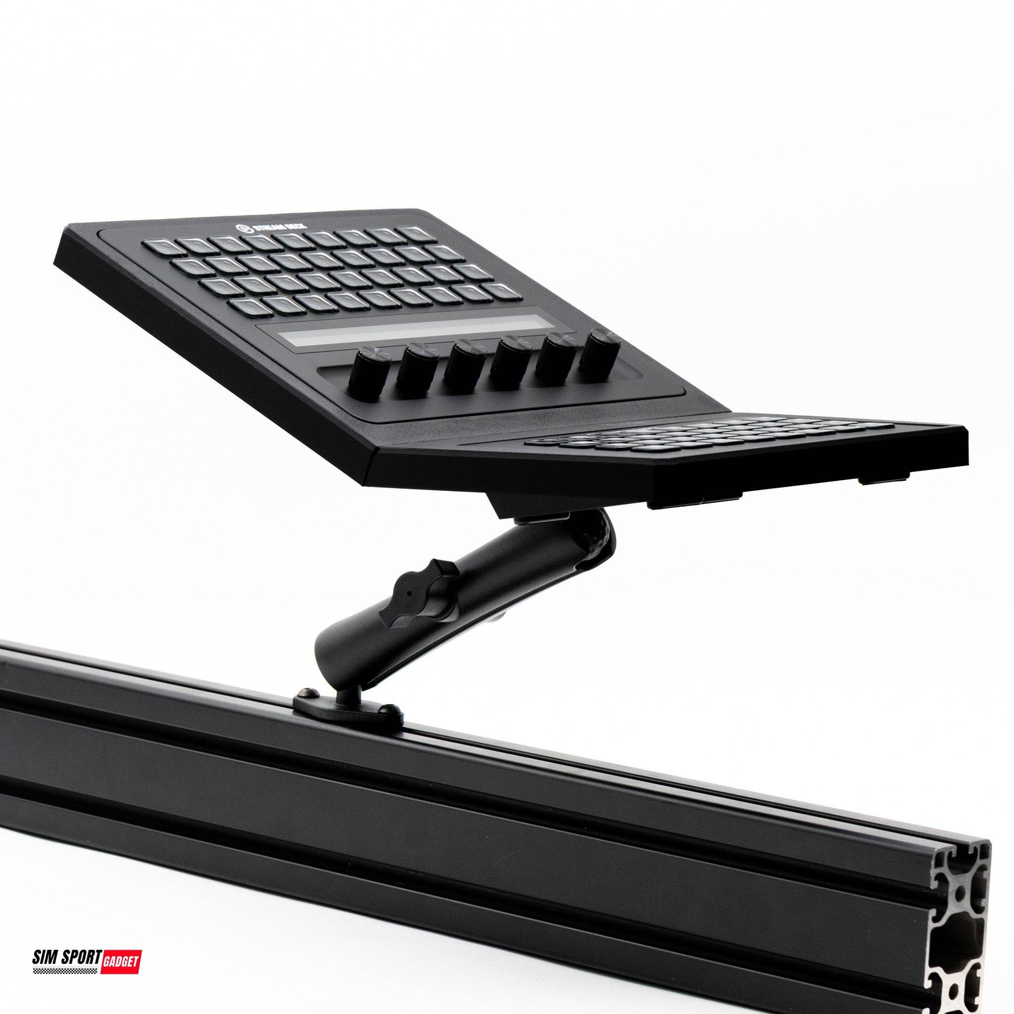 SimSportGadget Stream Deck + XL and XL Combo Mount showing secure attachment and adjustable components for streaming setups.