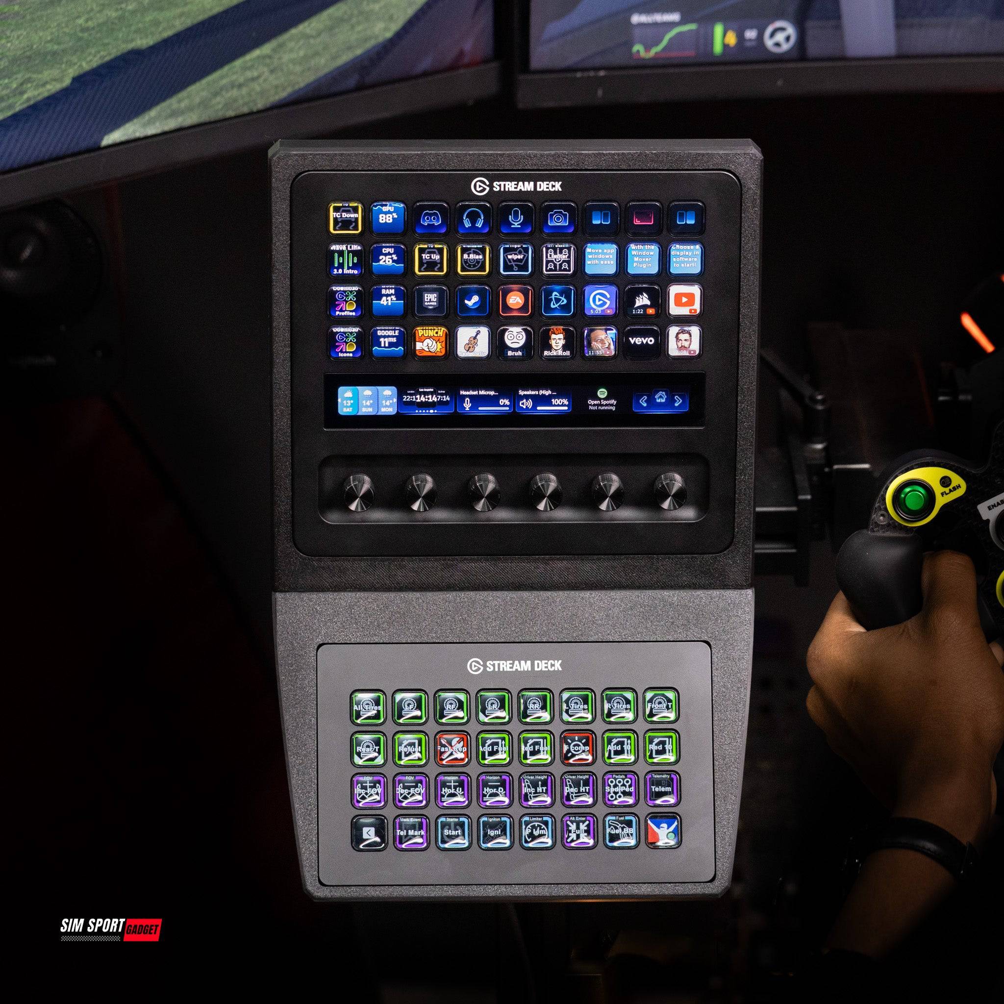 SimSportGadget Stream Deck + XL Mount and Combo Mount for Stream Deck XL devices, showcasing sturdy, adjustable mounting options.