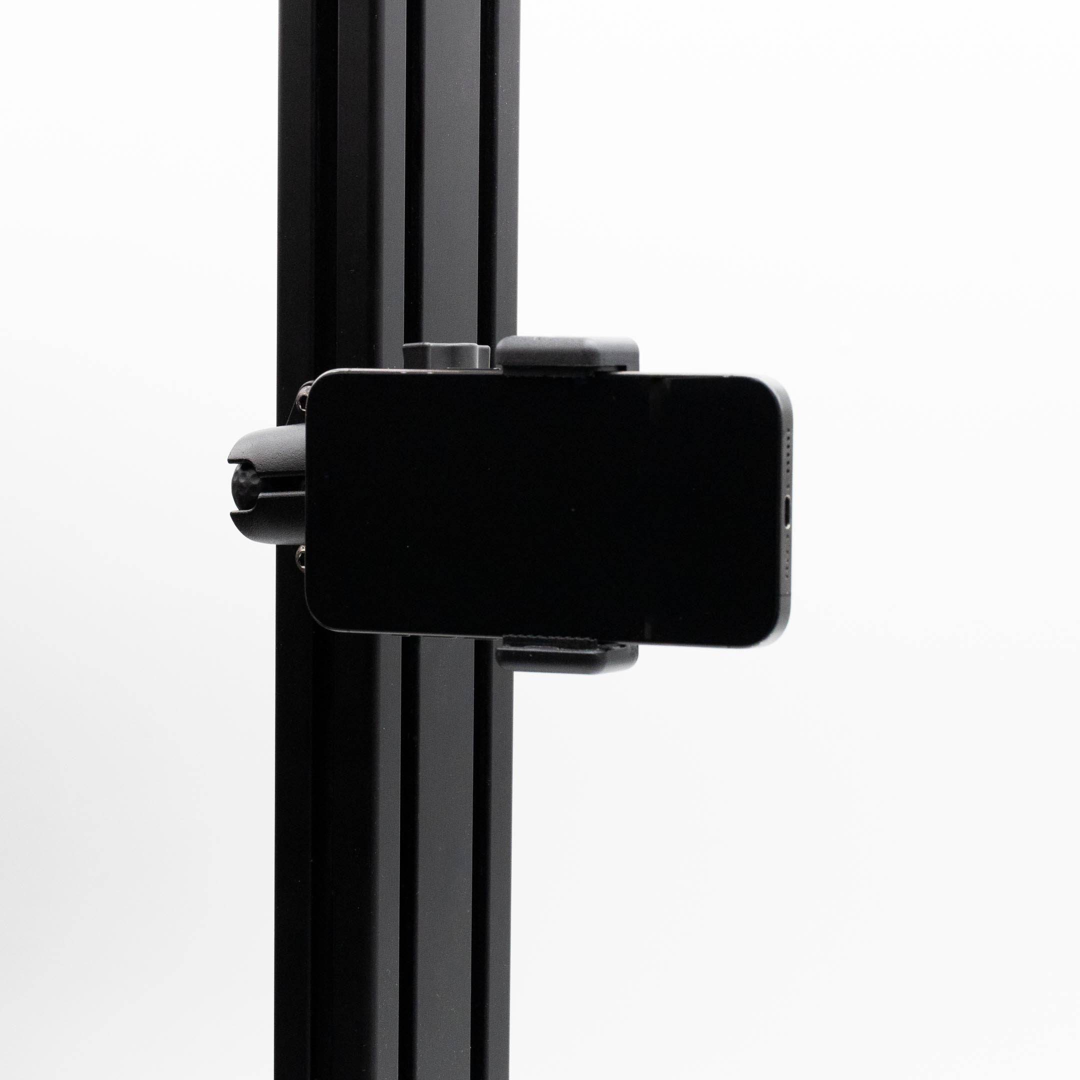 SimSportGadget phone mount with premium articulating aluminum arm, adjustable for secure smartphone positioning.