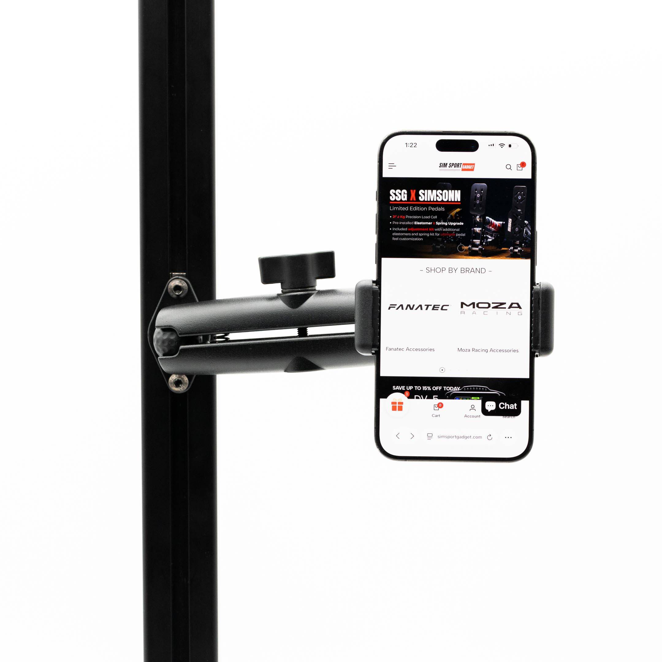 SimSportGadget phone mount with a premium articulating aluminum arm for secure, adjustable smartphone positioning.