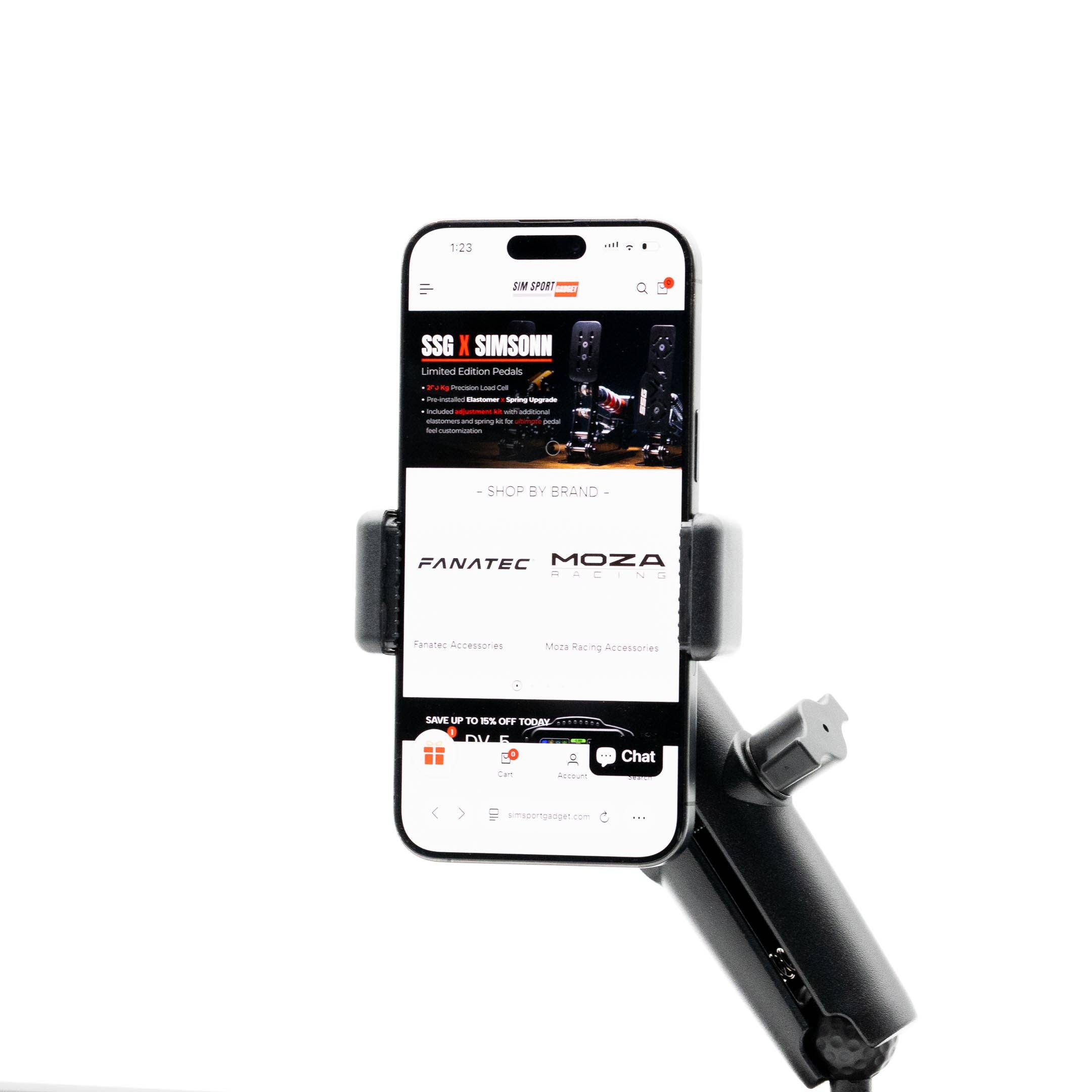 SimSportGadget phone mount with premium articulating aluminum arm, showing adjustable grip and sturdy construction for smartphones.